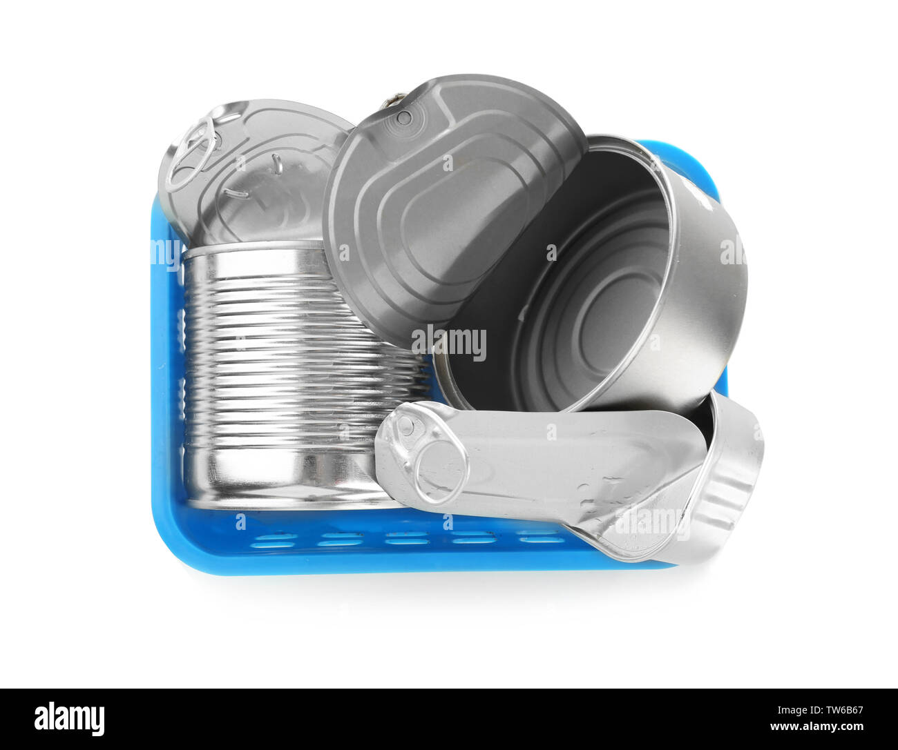 Plastic basket with empty tin containers on white background Stock ...