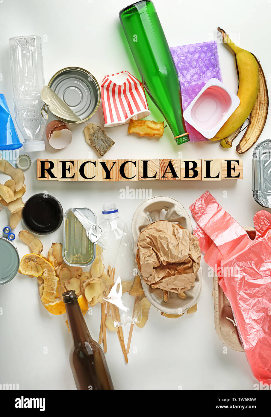 Composition with garbage and word Recyclable on white background Stock Photo