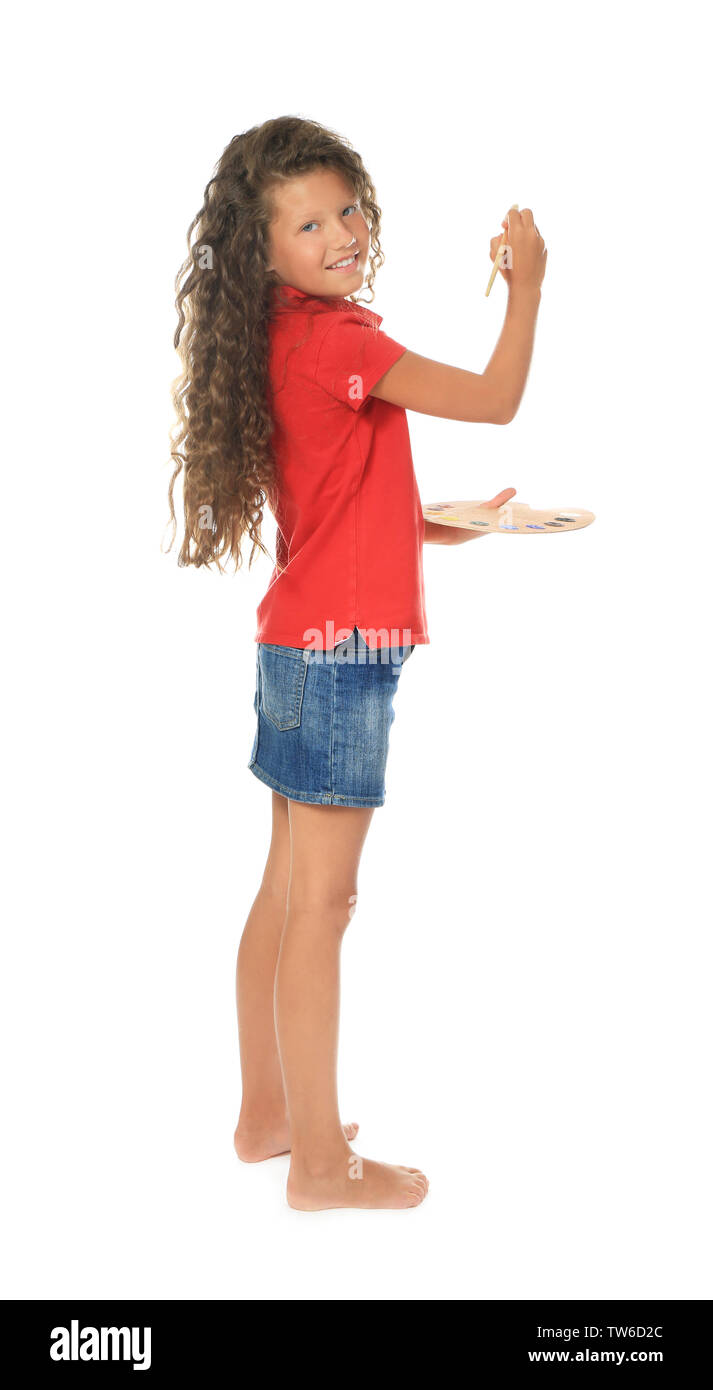Little cute girl with brush and palette on white background Stock Photo ...