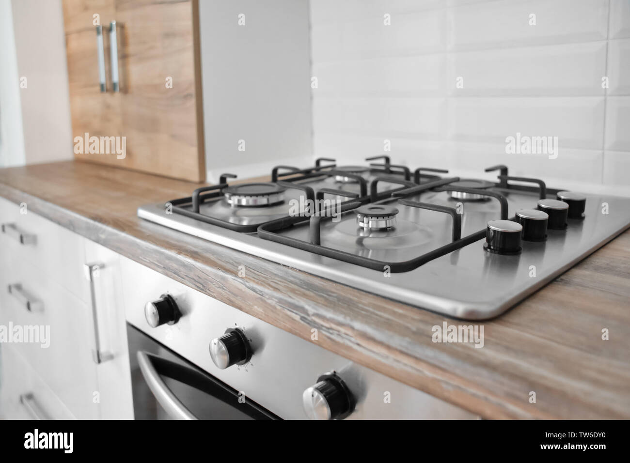 Modern stylish gas stove in kitchen Stock Photo Alamy