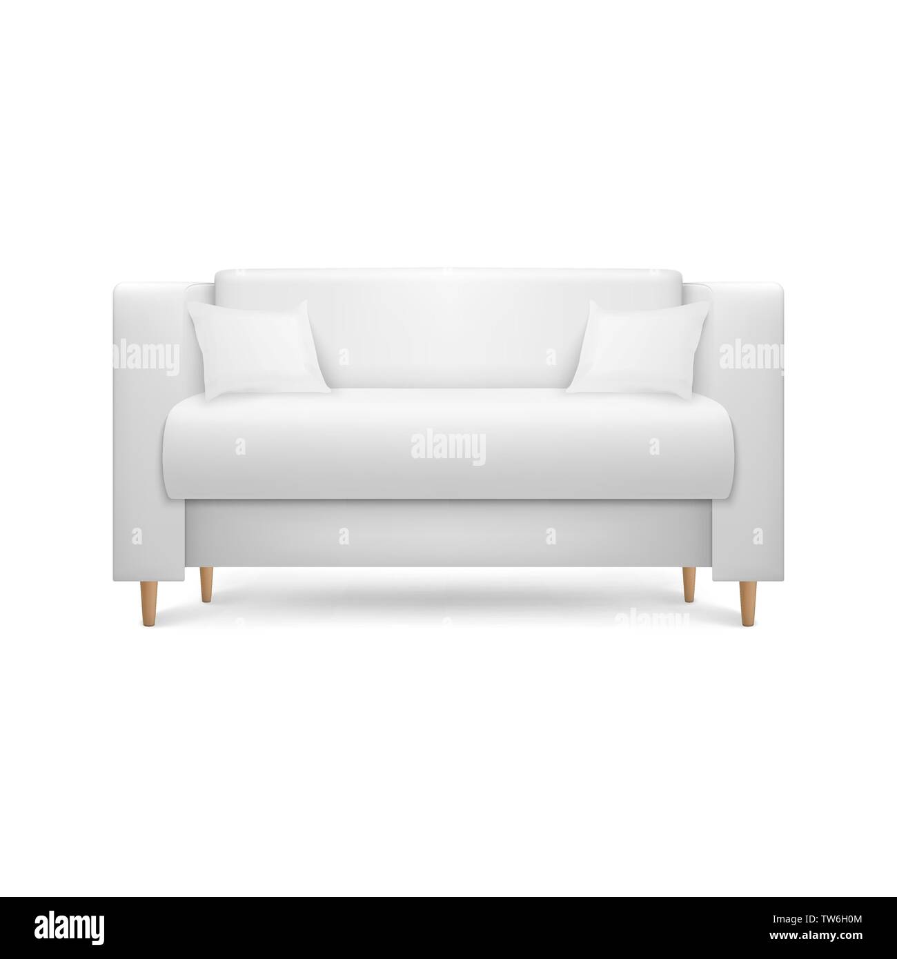 Vector 3d Realistic Render White Leather Luxury Office Sofa, Couch with Pillows in Simple Modern Style for Interior Design, Living Room, Reception or Stock Vector