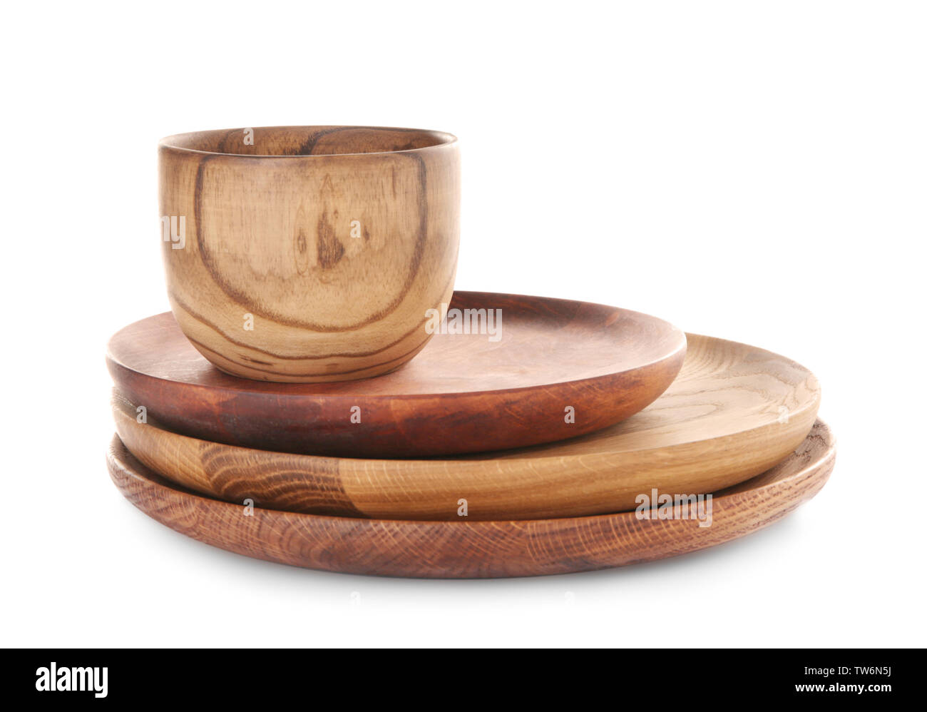 Wooden dishware on white background Stock Photo - Alamy