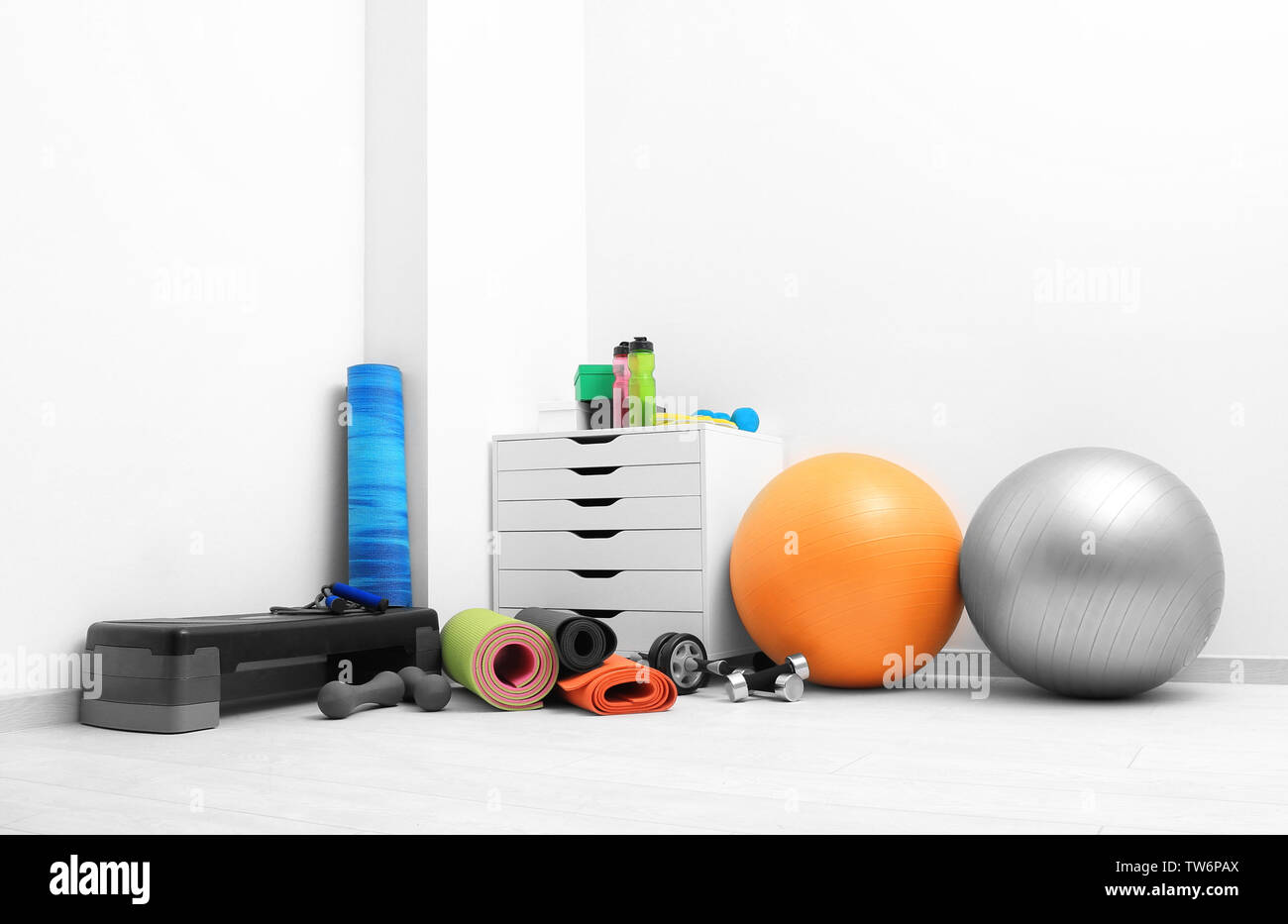 Different physiotherapy equipment in room Stock Photo