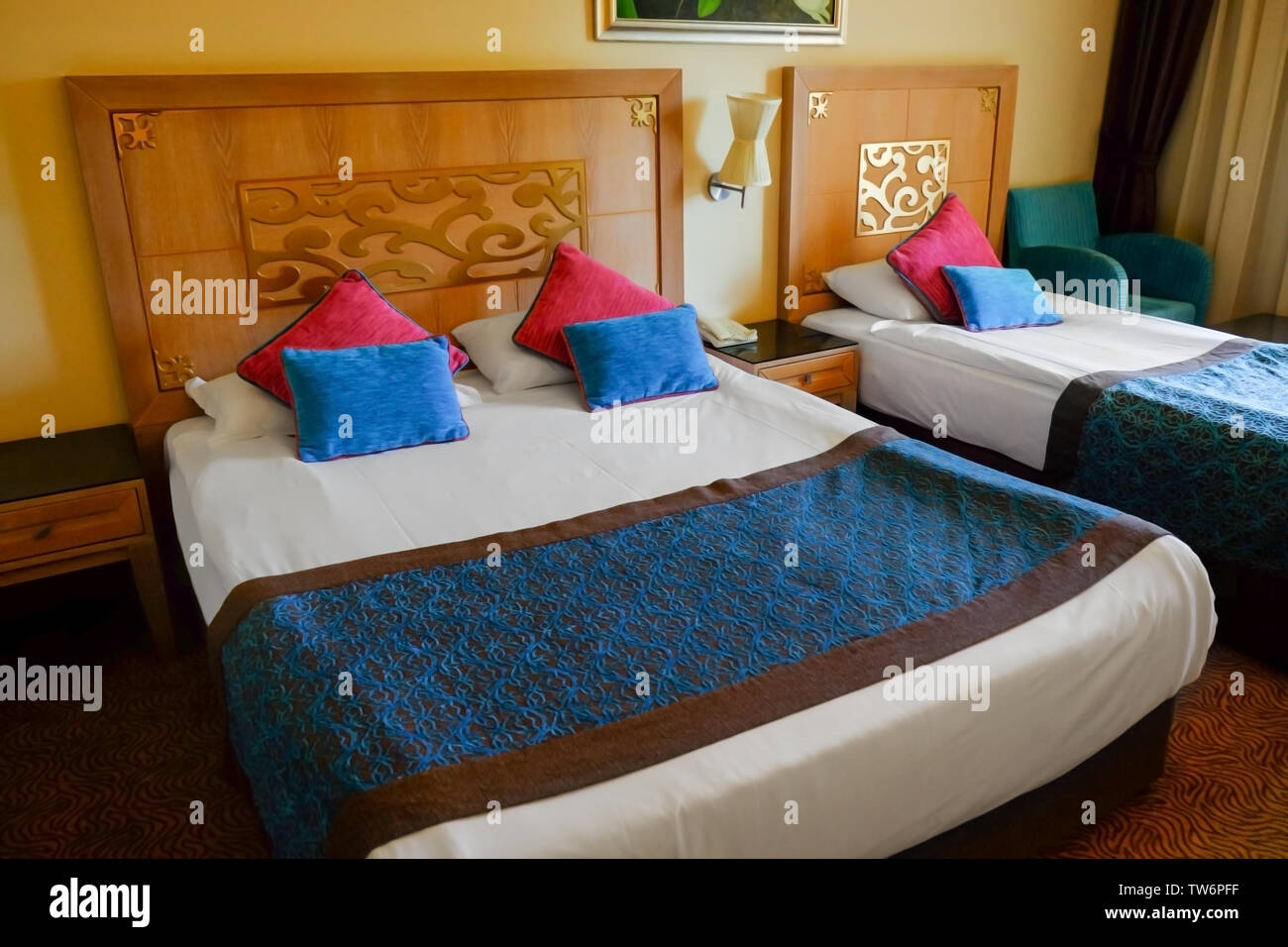 Madeup beds in hotel room Stock Photo Alamy