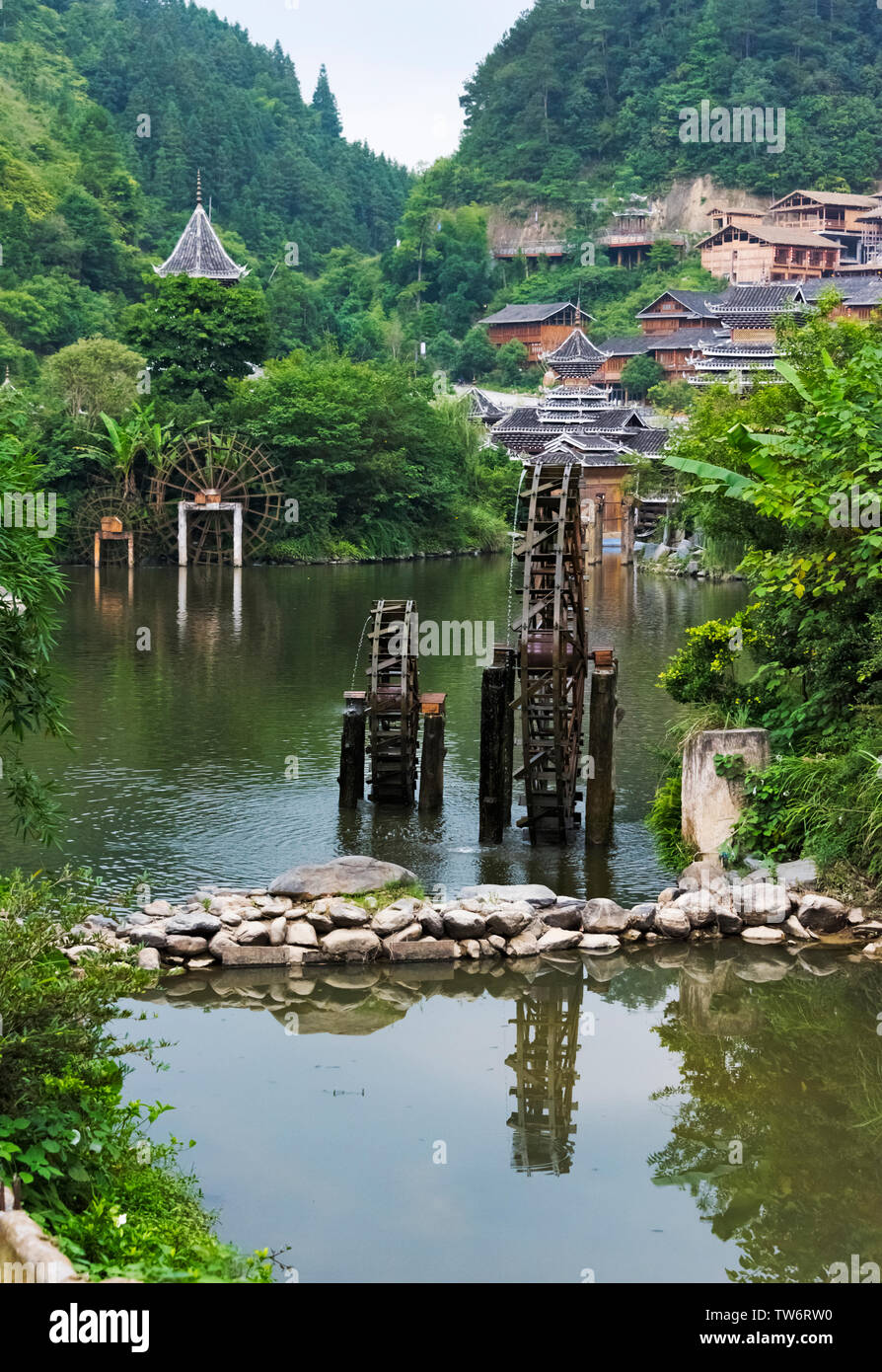 Waterwheel on the river in the Dong village, Zhaoxing, Guizhou Province, China Stock Photo