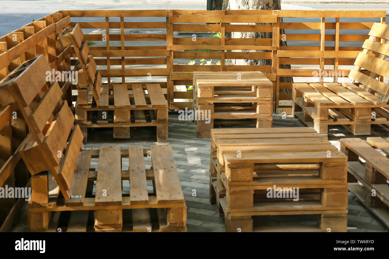 Outdoor cafe with furniture made of secondary raw materials Stock Photo -  Alamy