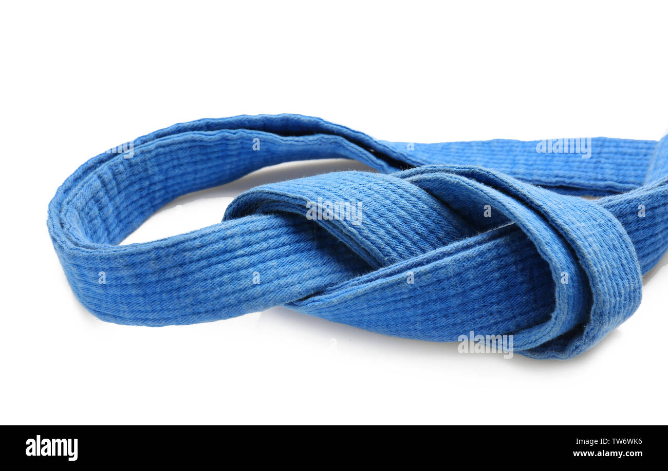 Blue karate belt on white background Stock Photo - Alamy
