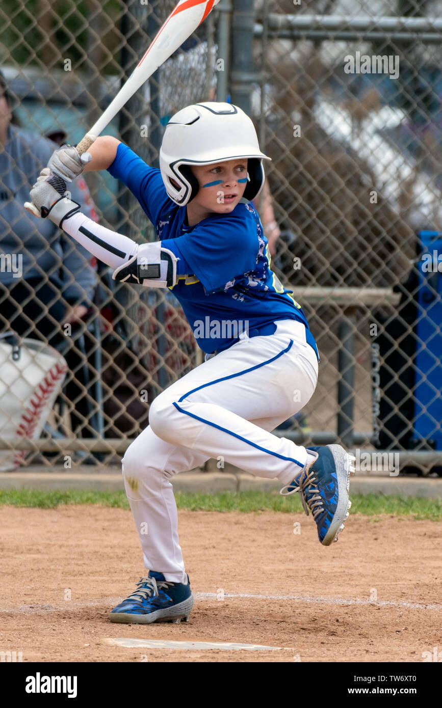 Youth baseball player in blue uniform and white helmet lifts leg in preparation to hit and swing the bat. Stock Photo