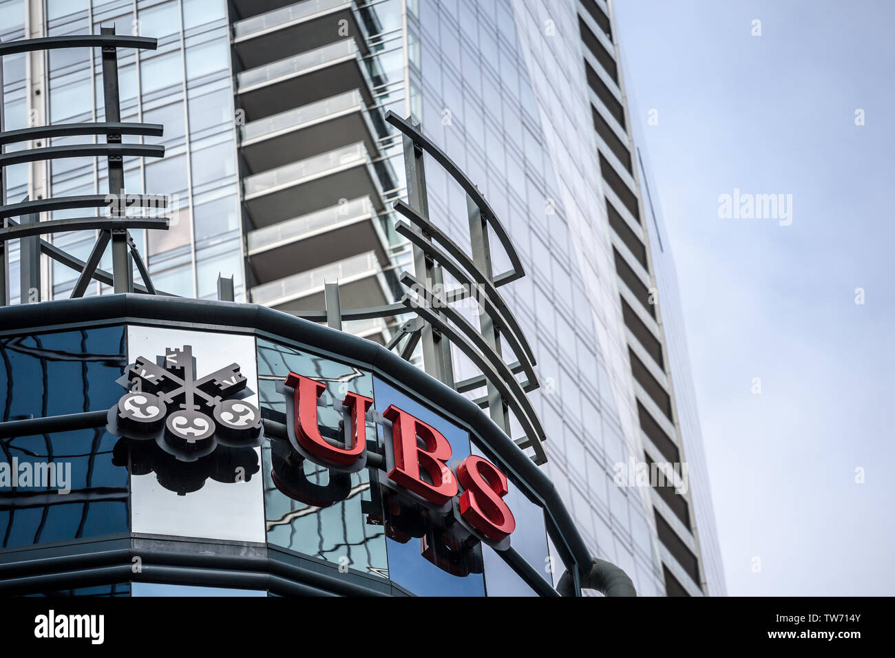 TORONTO, CANADA - NOVEMBER 14, 2017: Logo of UBS on their main office for Toronto, Ontario. Also called Union Bank Switerland, it is one of the main b Stock Photo