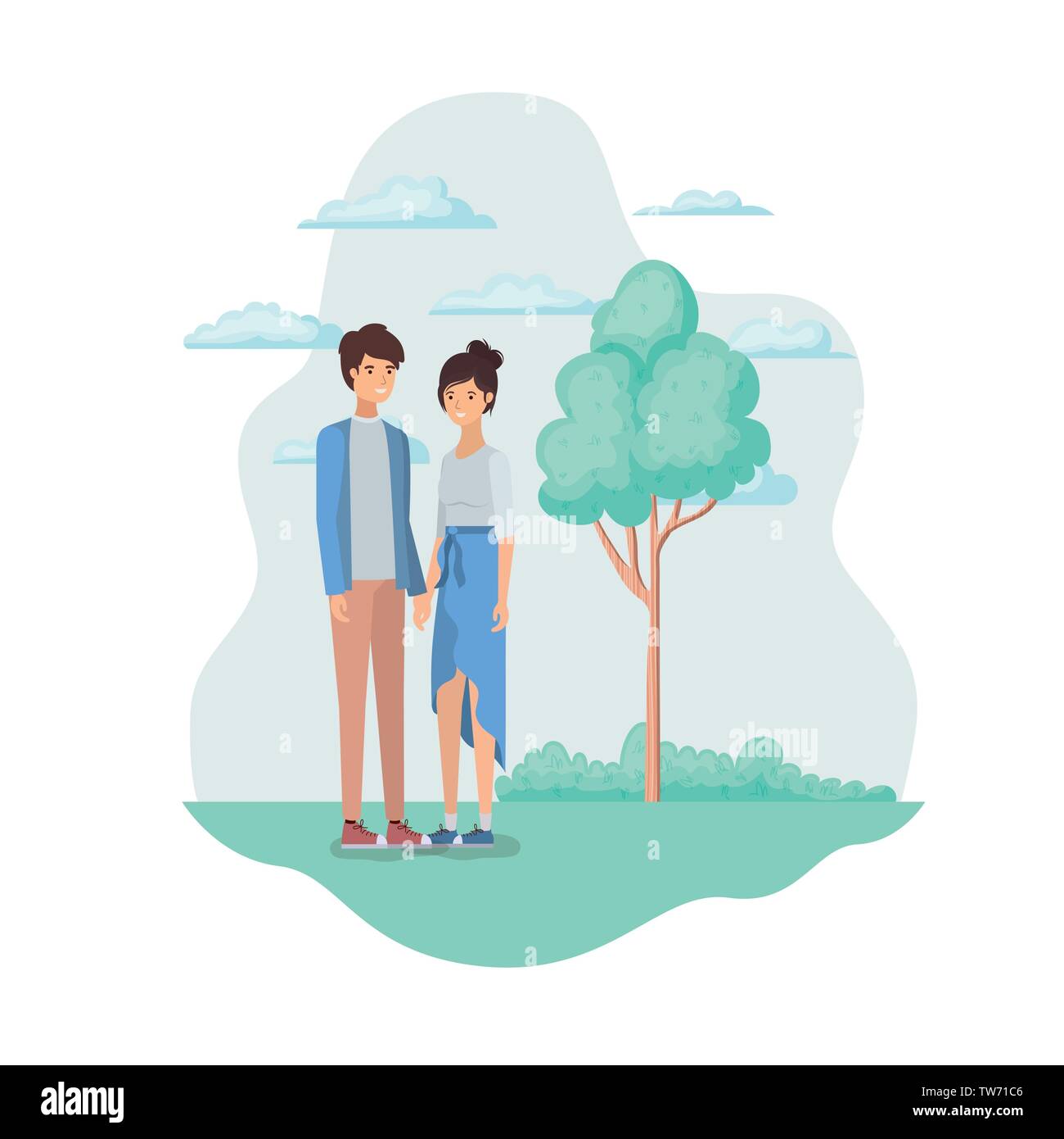 young couple in landscape with trees and plants Stock Vector Image ...