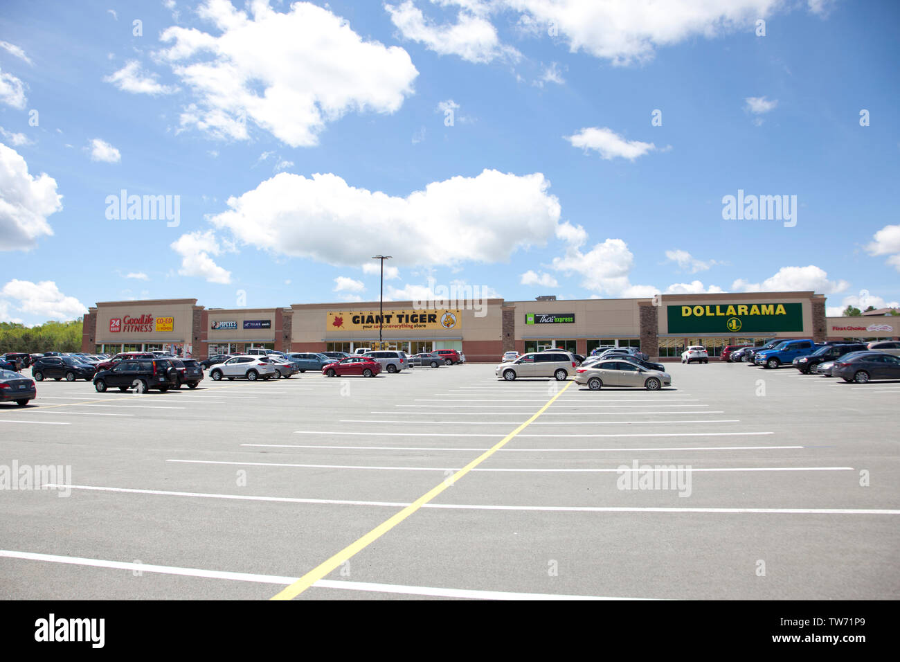 Sackville, Nova Scotia, Canada- June 15, 2019:  View across the parking lot of Downsview Plaza, including a Dollarama and a gym Stock Photo