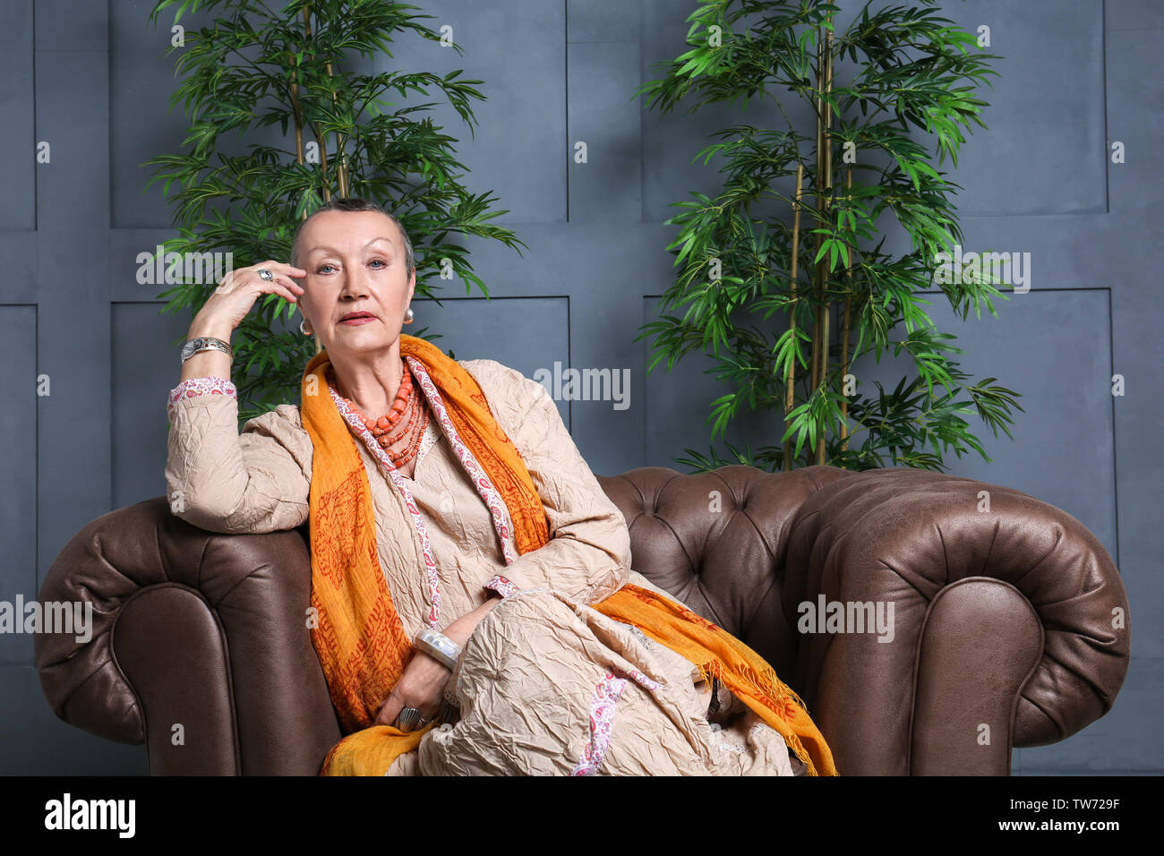 Attractive mature woman sitting in armchair at home Stock Photo - Alamy