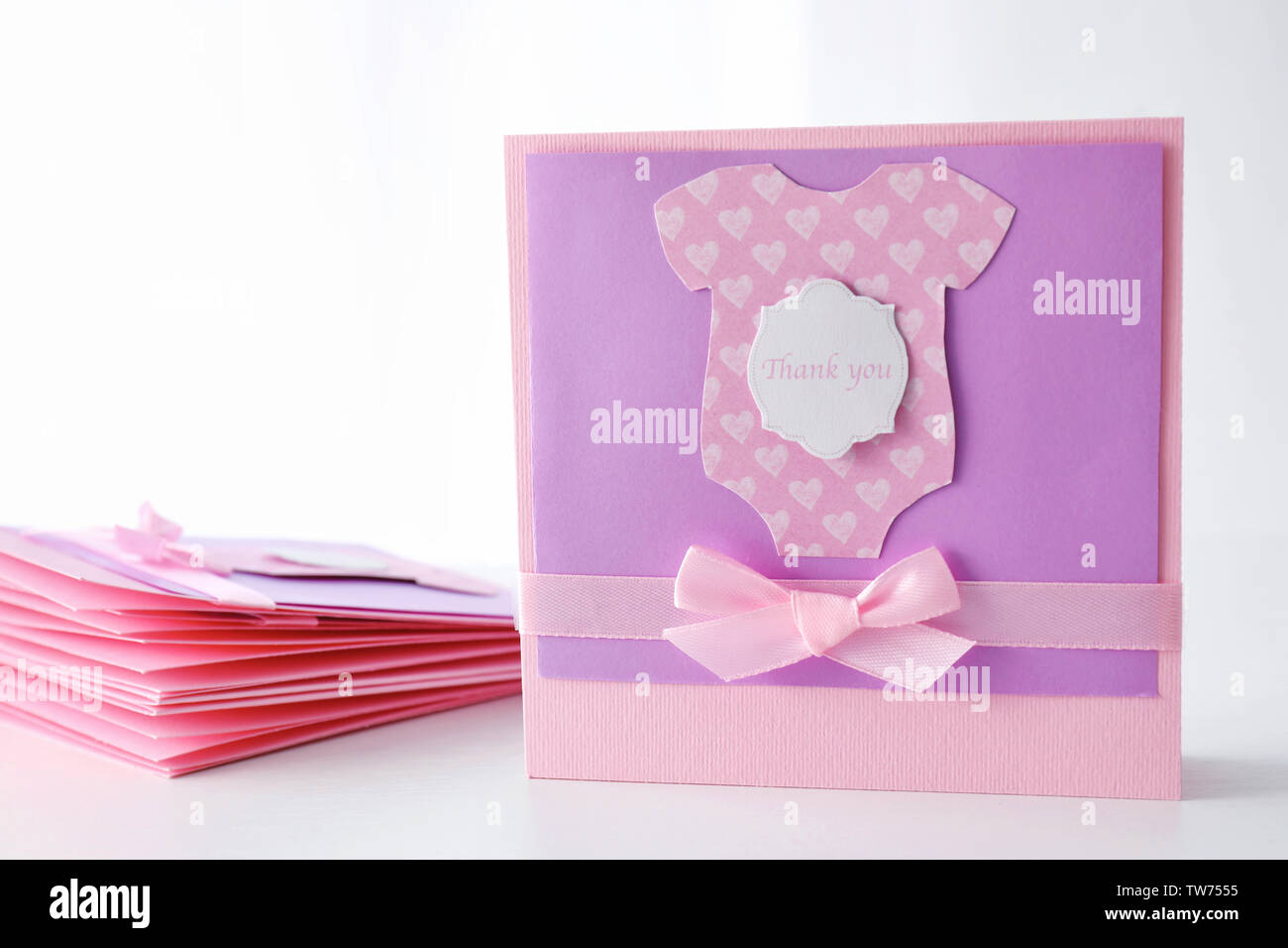Cute Thank you cards for baby shower on table Stock Photo Alamy