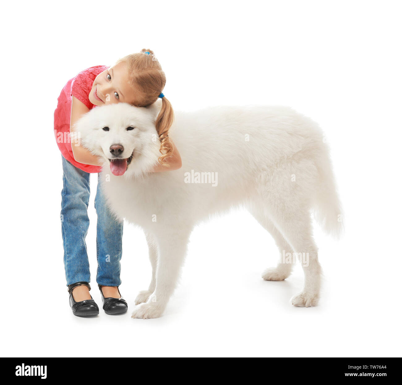 Cute little girl with dog on white background Stock Photo - Alamy