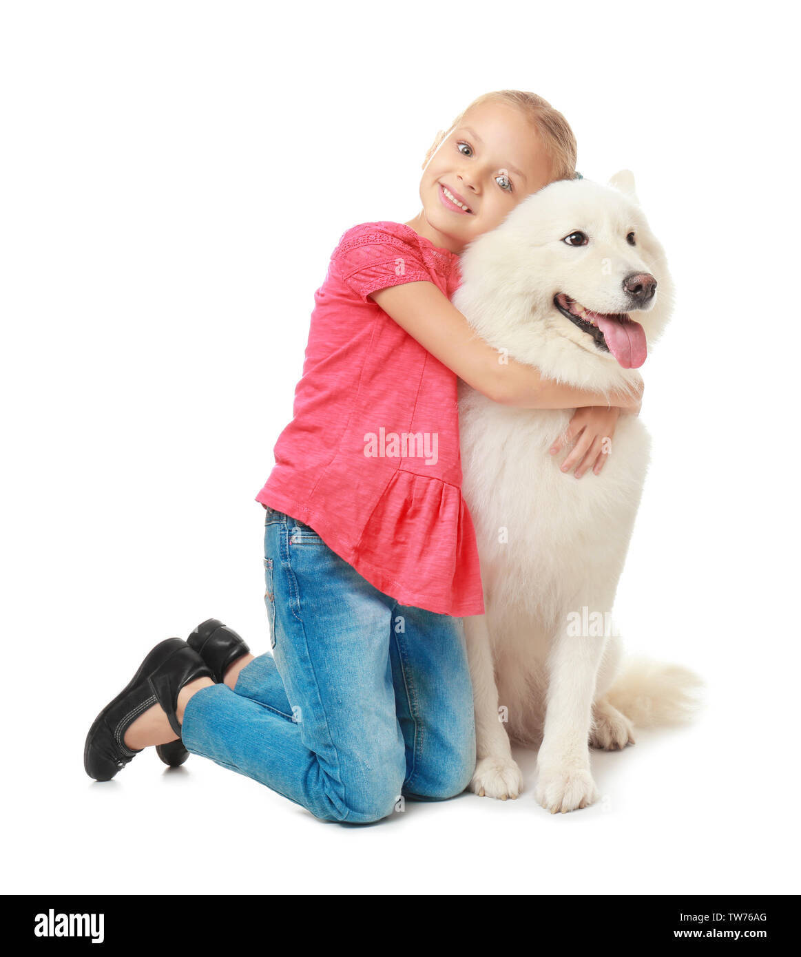 Cute little girl with dog on white background Stock Photo - Alamy