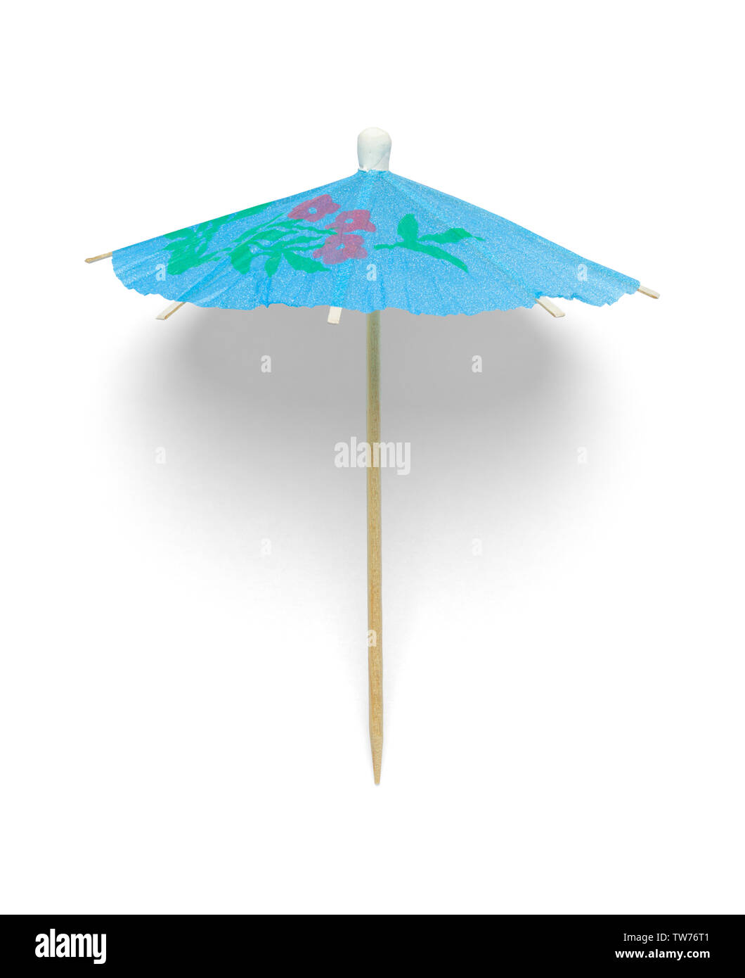 Open Blue Drink Umbrella Isolated on White. Stock Photo