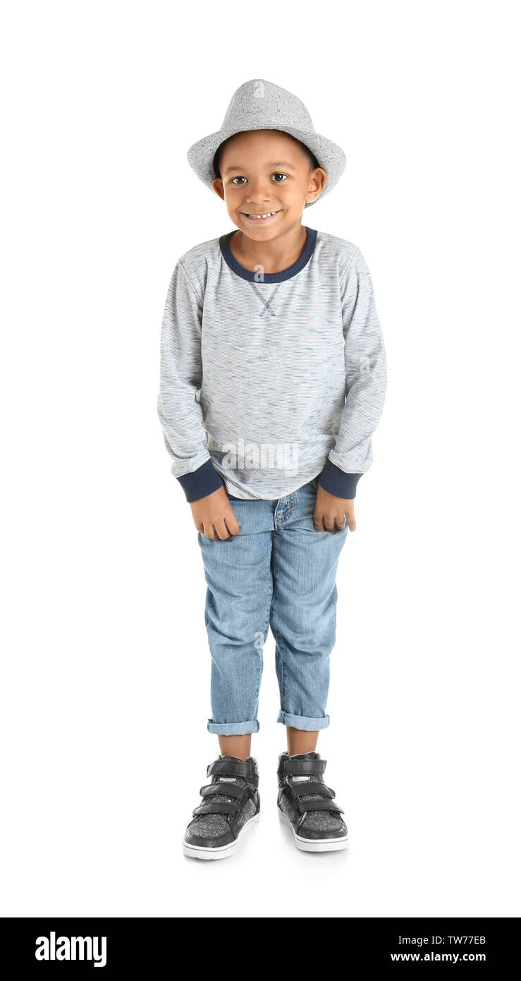 Fashionable African American boy on white background Stock Photo - Alamy