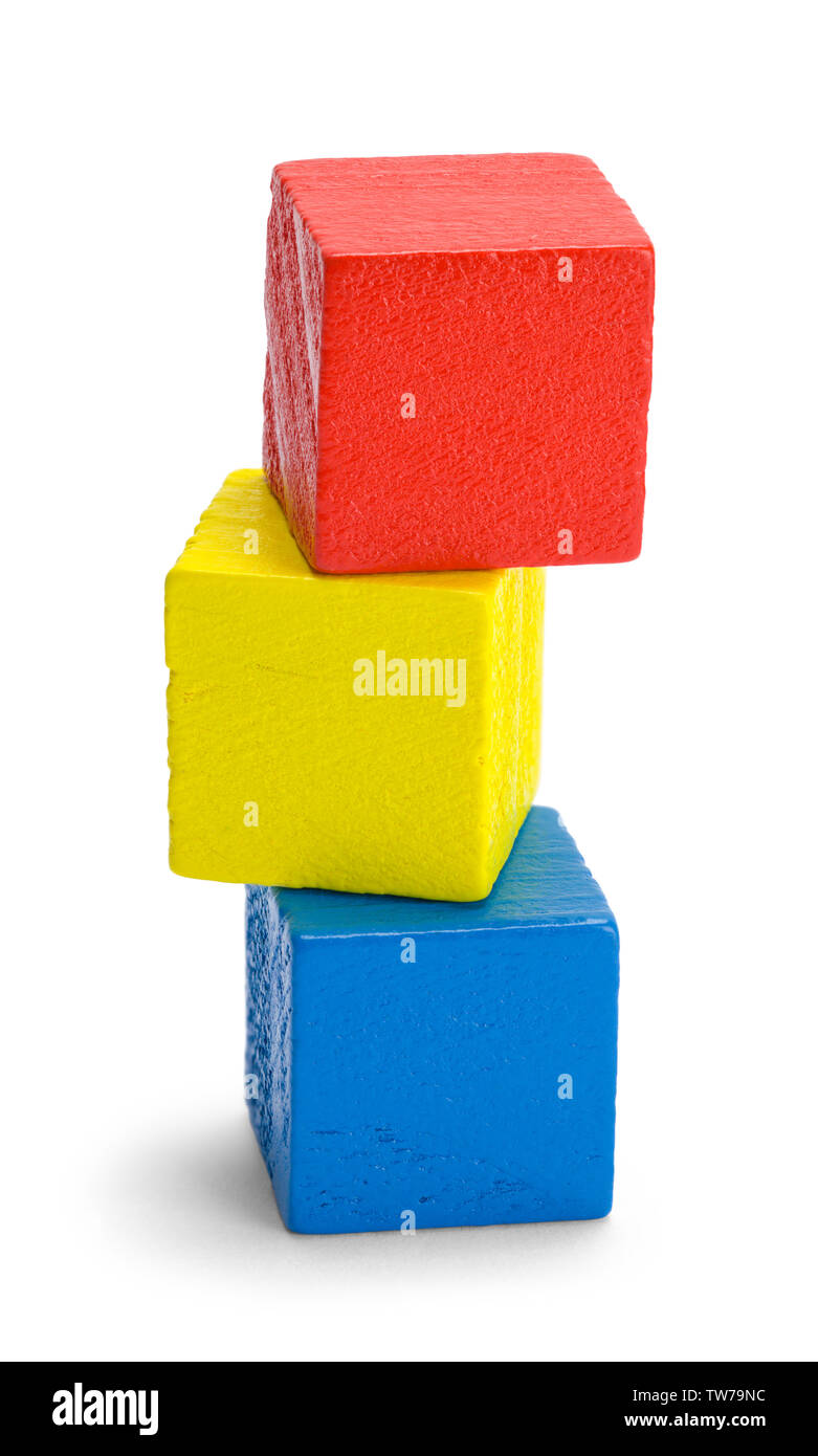Three Square Wood Blocks Stacked and Isolated on White. Stock Photo