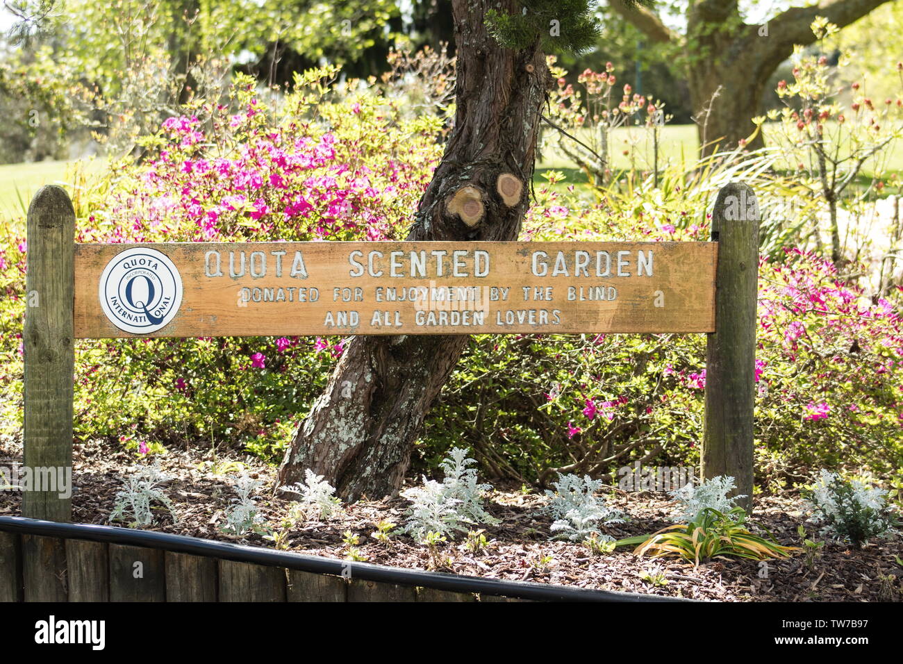 Rotorua, New Zealand - October 16, 2018: Signpost for the Quota Scented Garden donated by the blind for the enjoyment of all located at Kuirau Park. Stock Photo