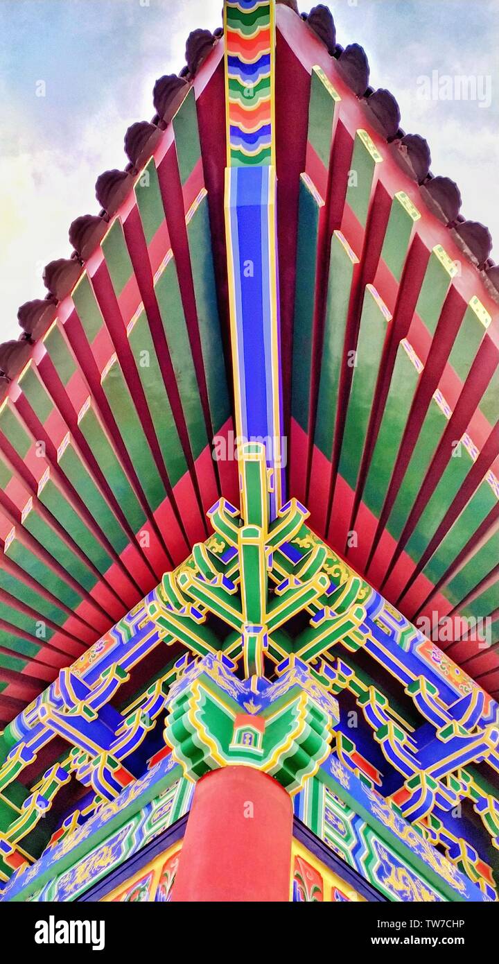 Chinese traditional architecture carved beam painting building part Stock Photo