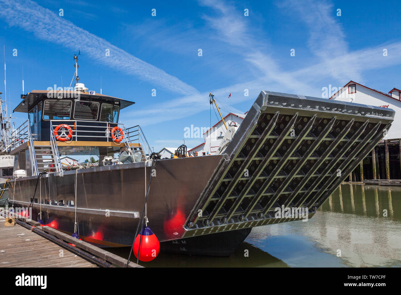 Brand new shallow draft landing craft to service remote coastal communities of British Columbia Stock Photo