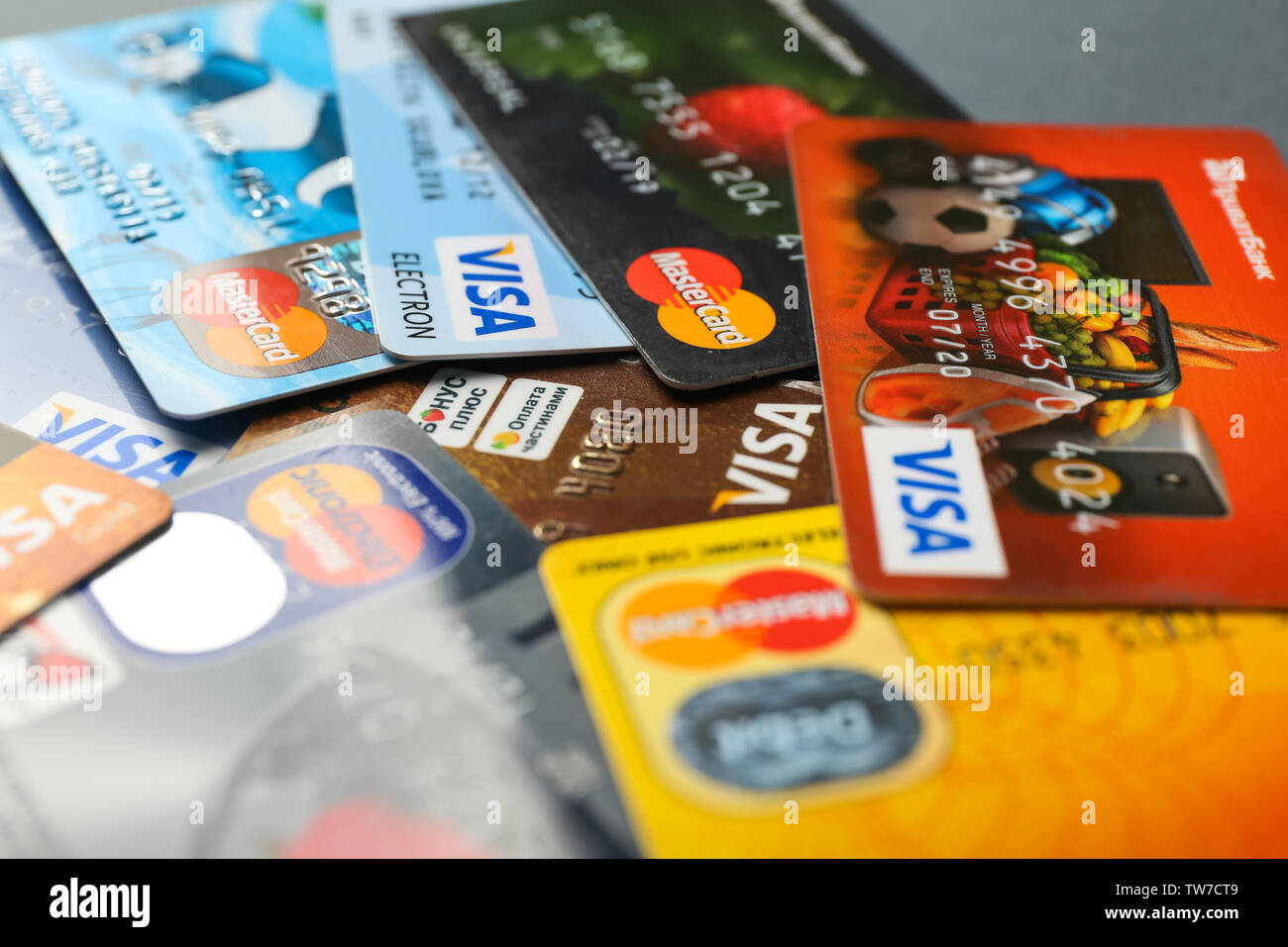 KIEV, UKRAINE - OCTOBER 2, 2017: Different Visa and MasterCard credit cards,  closeup Stock Photo - Alamy
