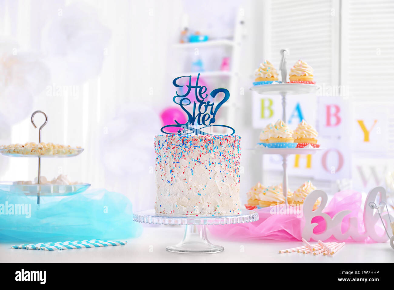 He Or She Cake For Baby Shower Party On Table Indoors Stock Photo Alamy He Or She Cake For Baby Shower Party On Table Indoors Stock Photo Alamy
