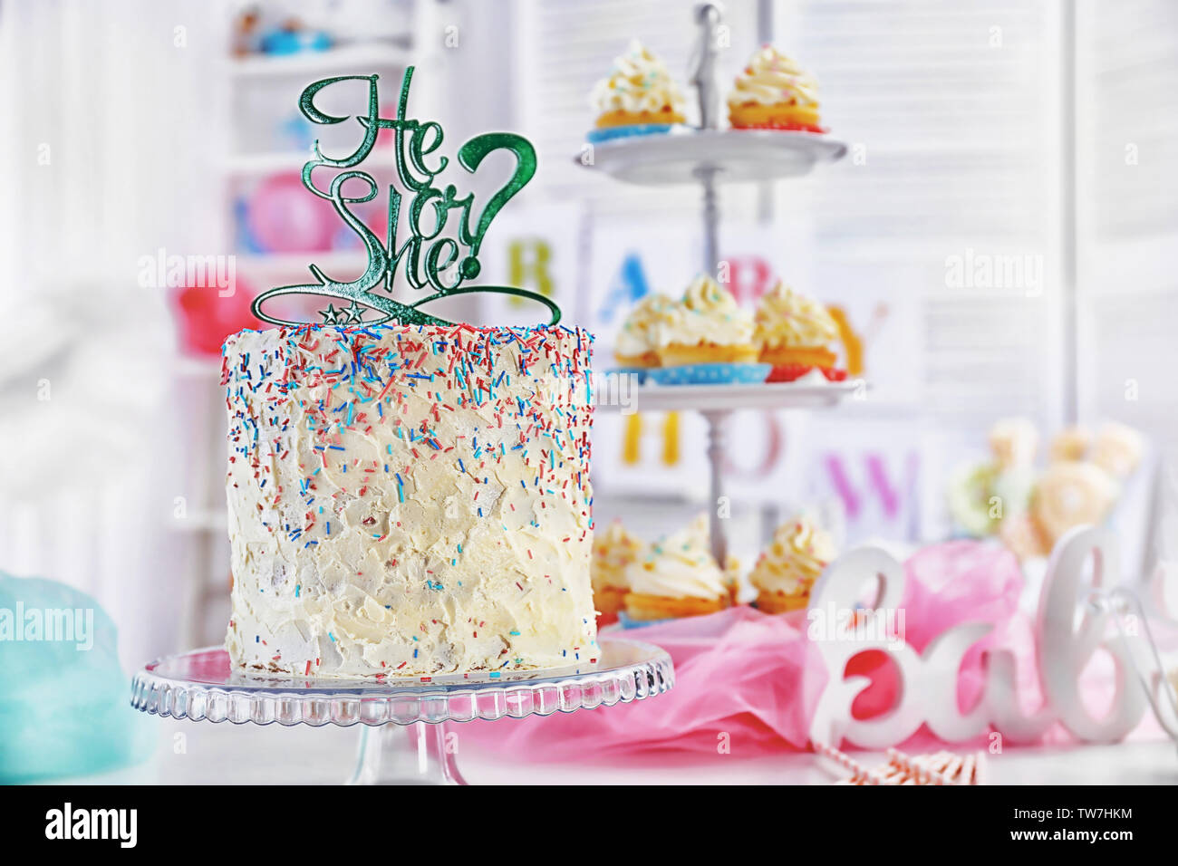 He Or She Cake For Baby Shower Party Closeup Stock Photo Alamy
