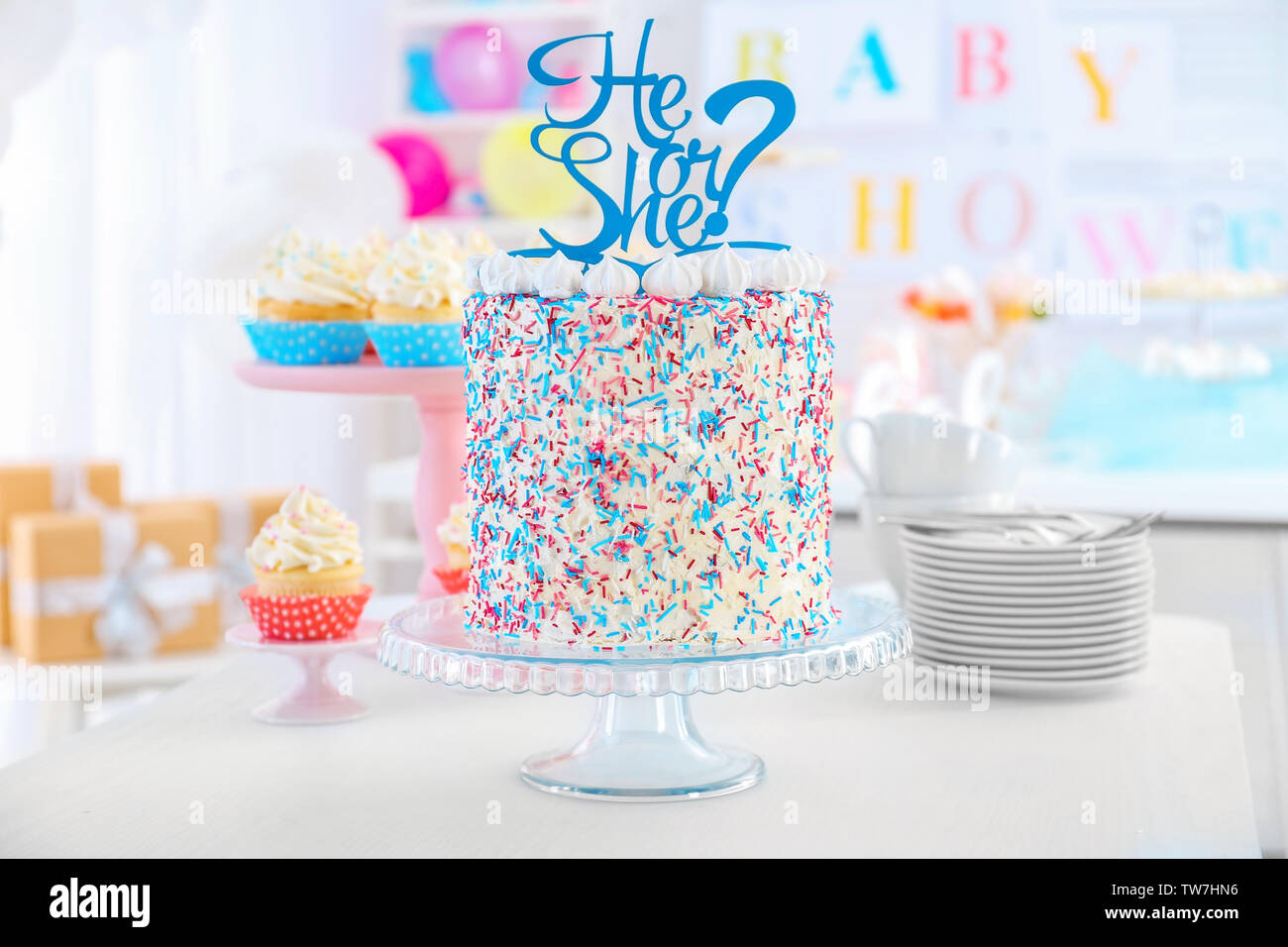 He Or She Cake On Table Indoors Baby Shower Party Stock Photo Alamy