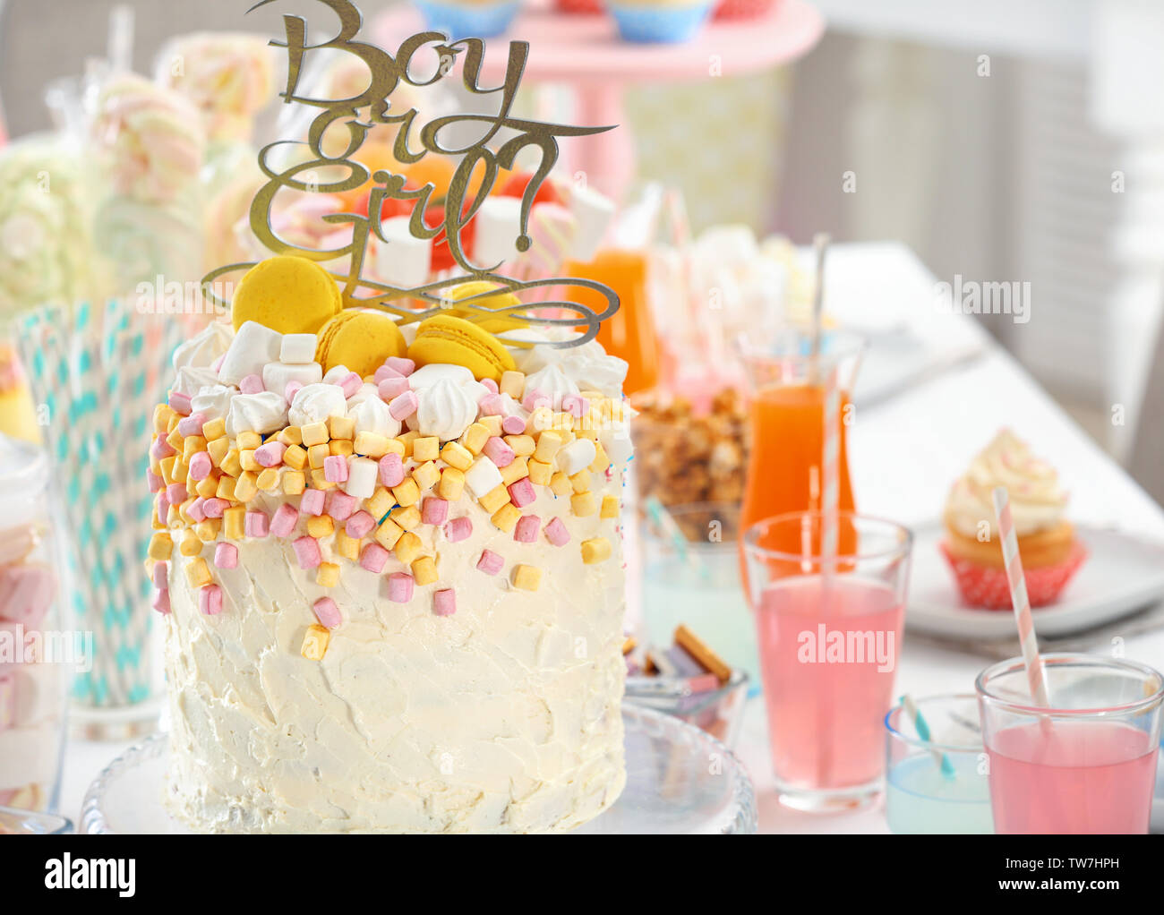 Boy Or Girl Cake On Buffet Table Baby Shower Party Stock Photo