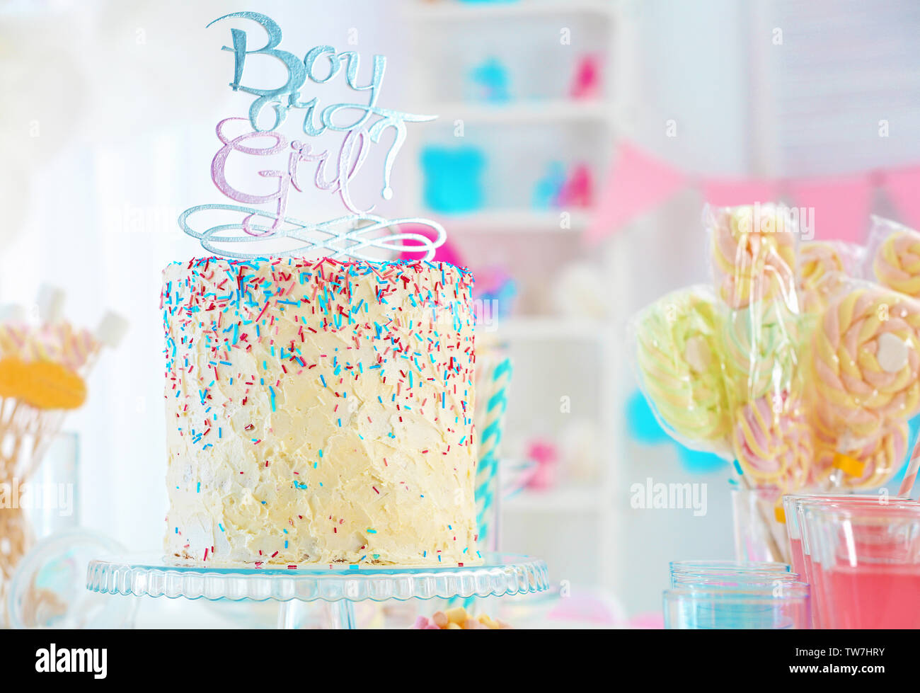 Boy Or Girl Cake On Stand Closeup Baby Shower Party Stock Photo Alamy