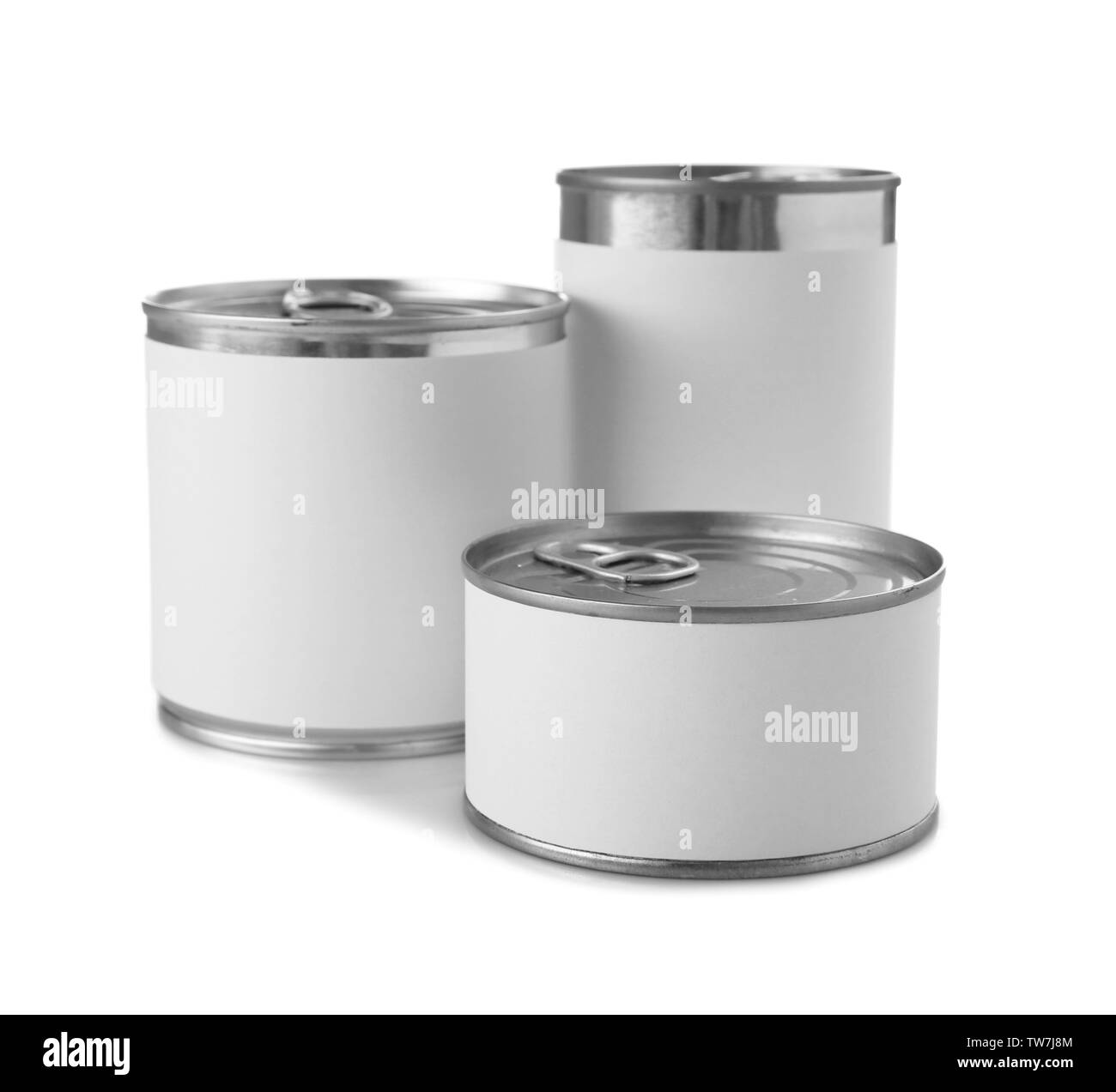 Different tin cans on white background Stock Photo Alamy
