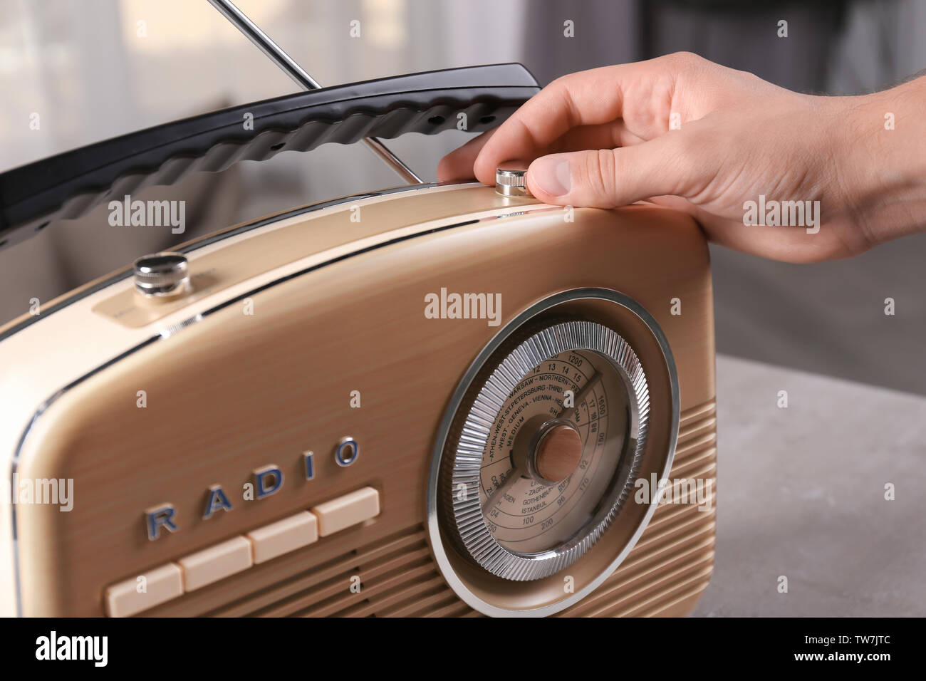 Person tuning retro radio, closeup Stock Photo Alamy