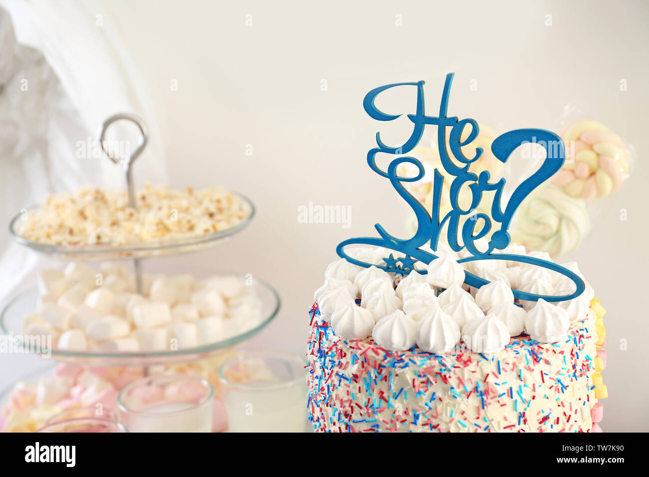 He Or She Cake At Baby Shower Party Stock Photo Alamy