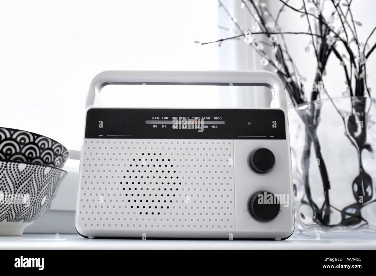 Retro radio on window sill Stock Photo Alamy