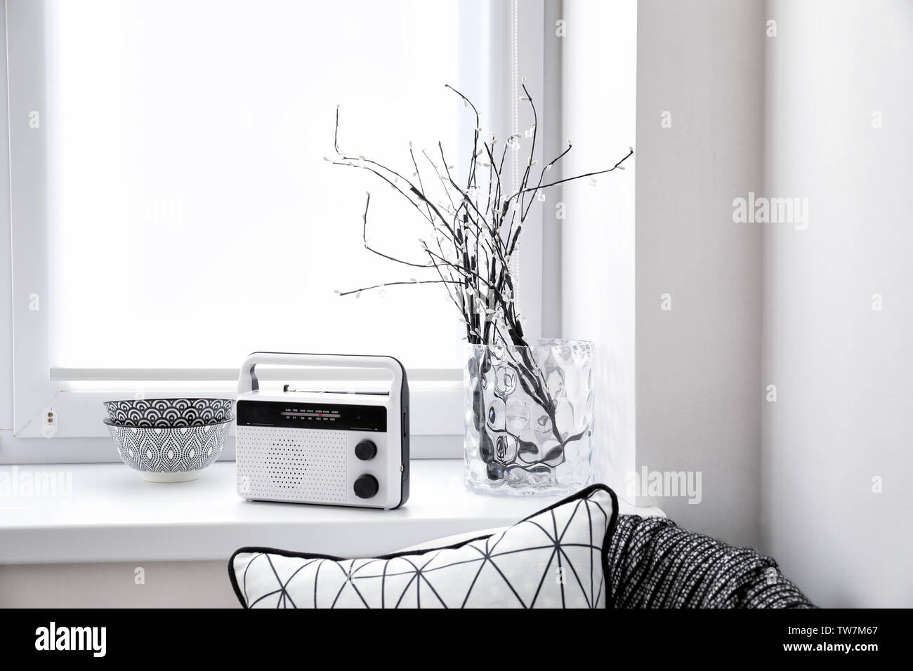 Retro radio on window sill Stock Photo Alamy