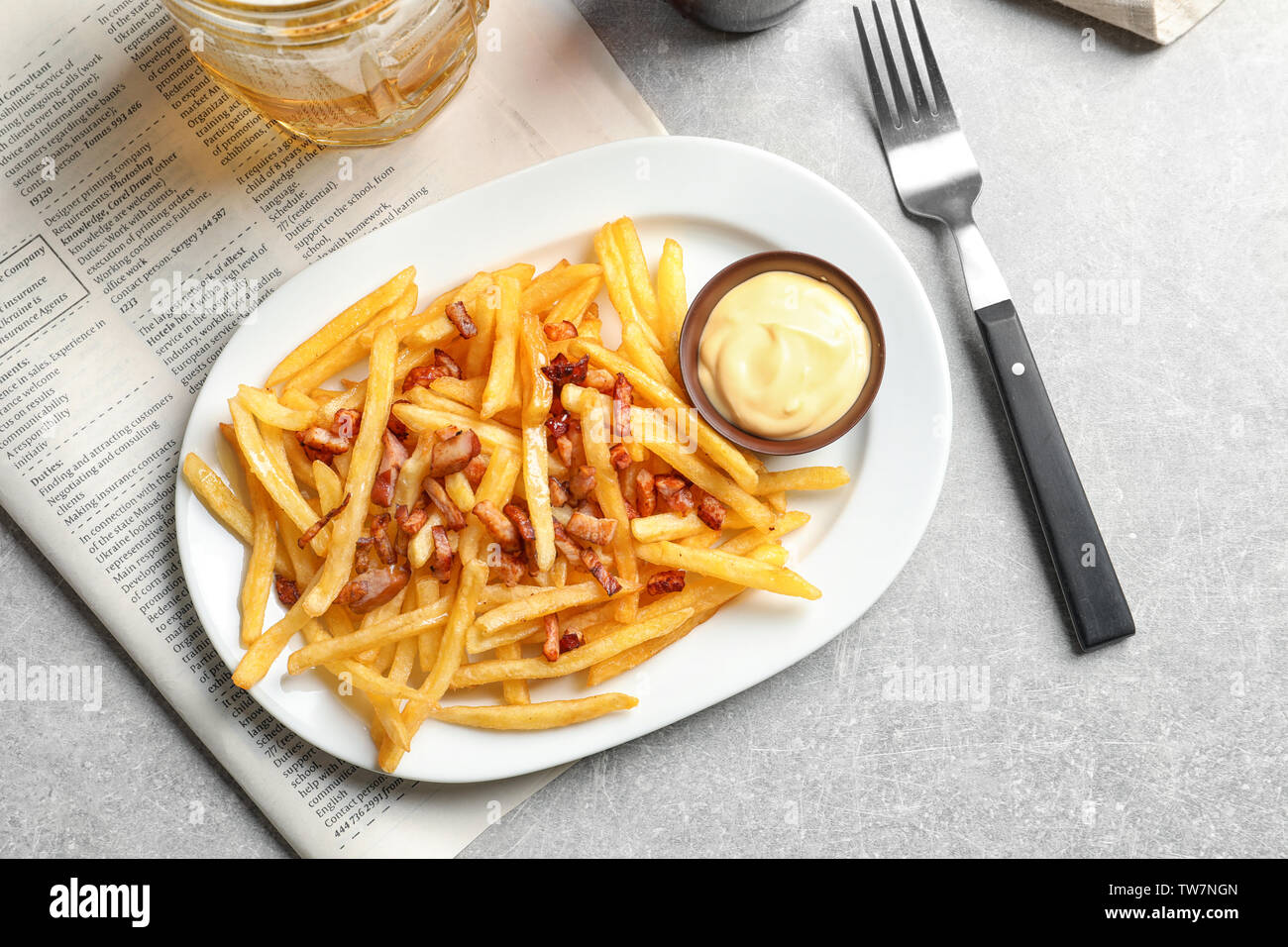 Plate With French Fries And Bacon On Table Stock Photo Alamy alamy