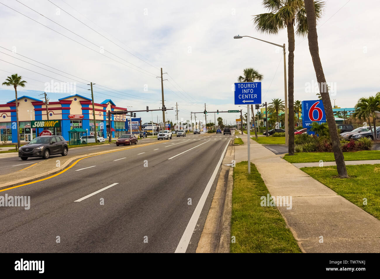 Cocoa beach, Florida, USA - April 29, 2018: The central road with shops, restaurants and hotels Stock Photo
