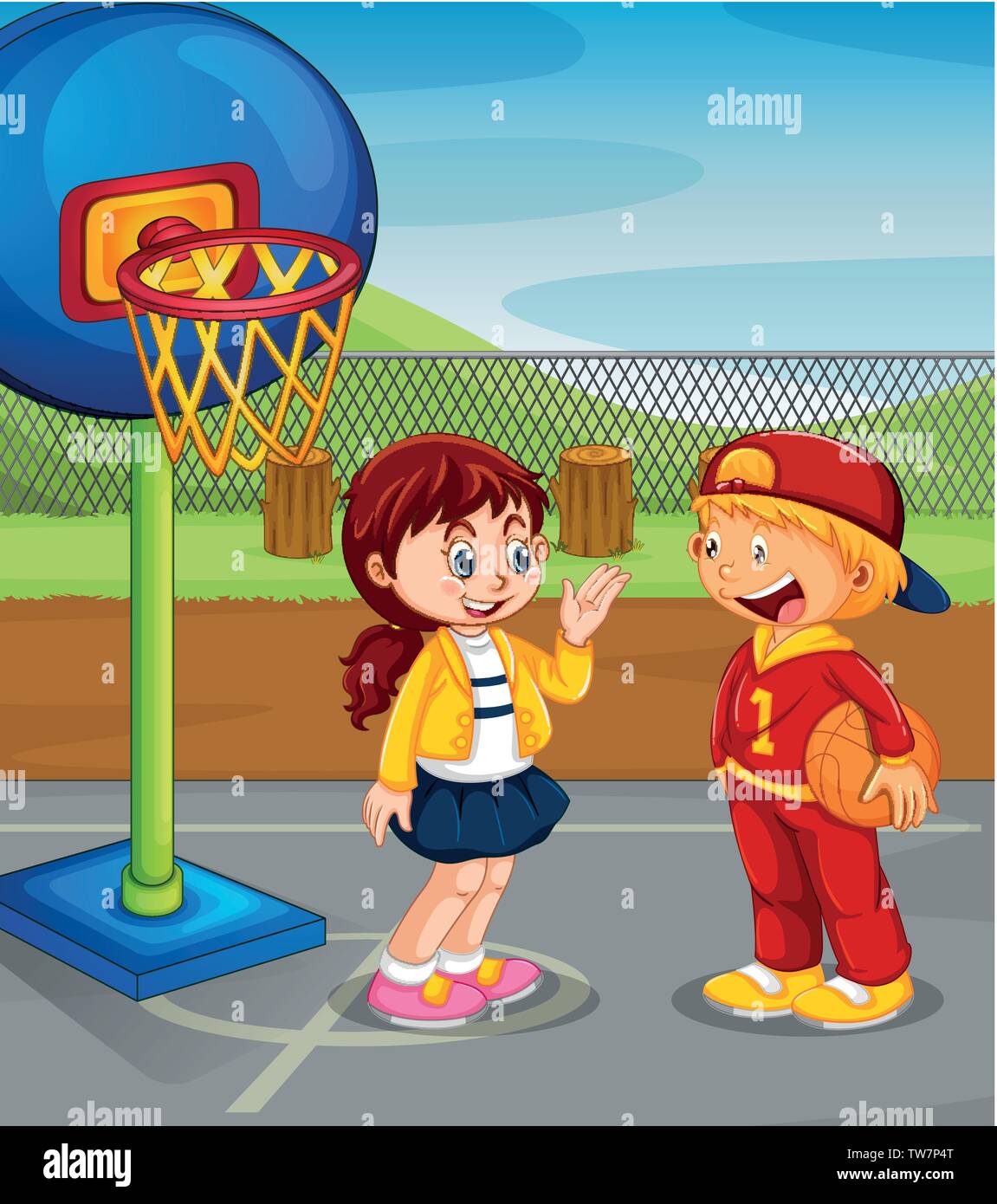 boy and girl playing basketball Stock Vector
