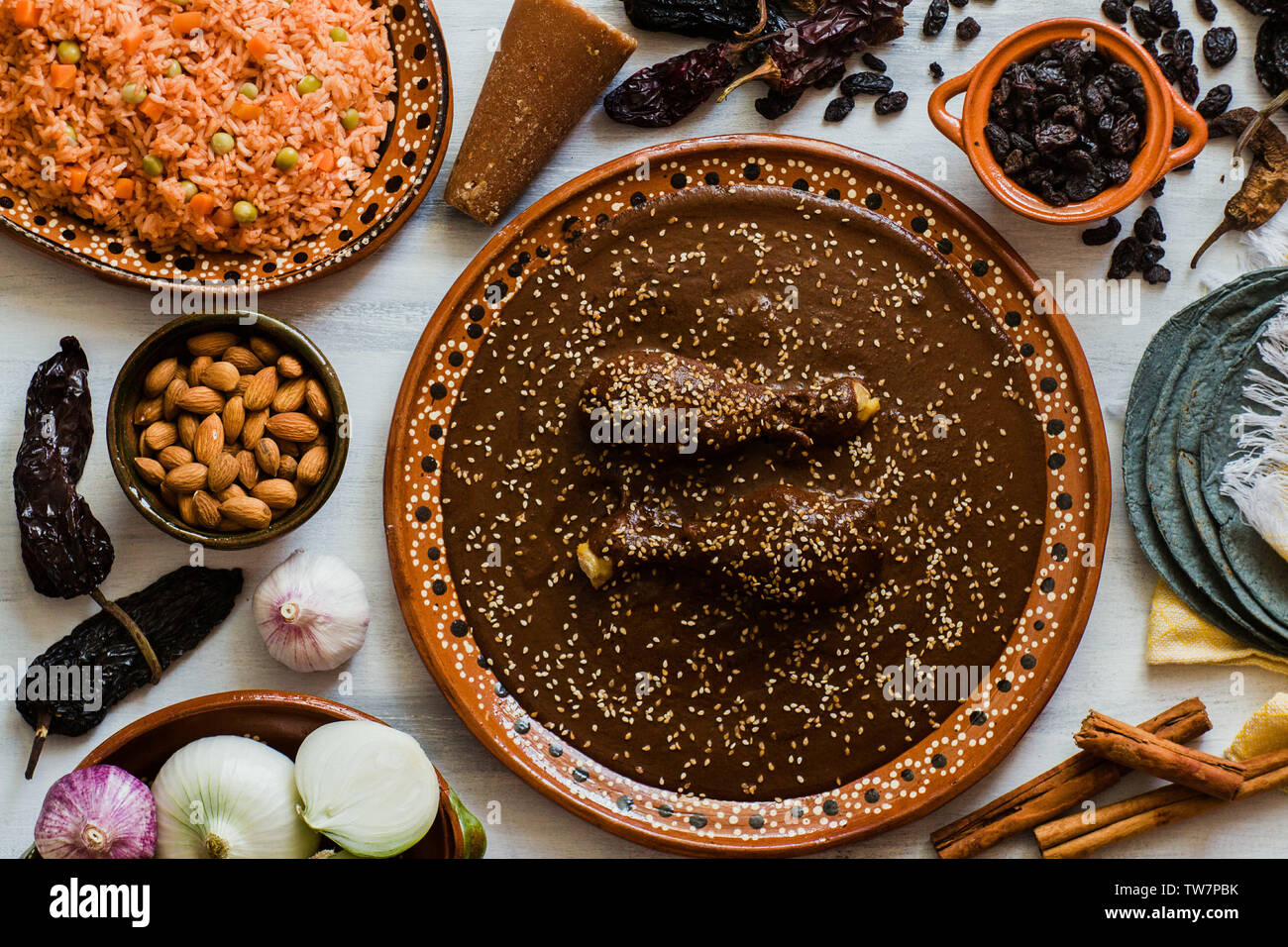 Mole Mexicano, Poblano mole ingredients, mexican spicy food traditional in Mexico Stock Photo