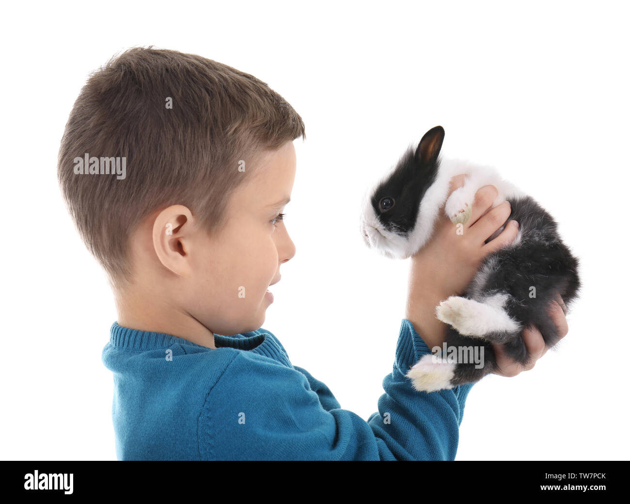 Cute boy with funny rabbit on white background Stock Photo - Alamy