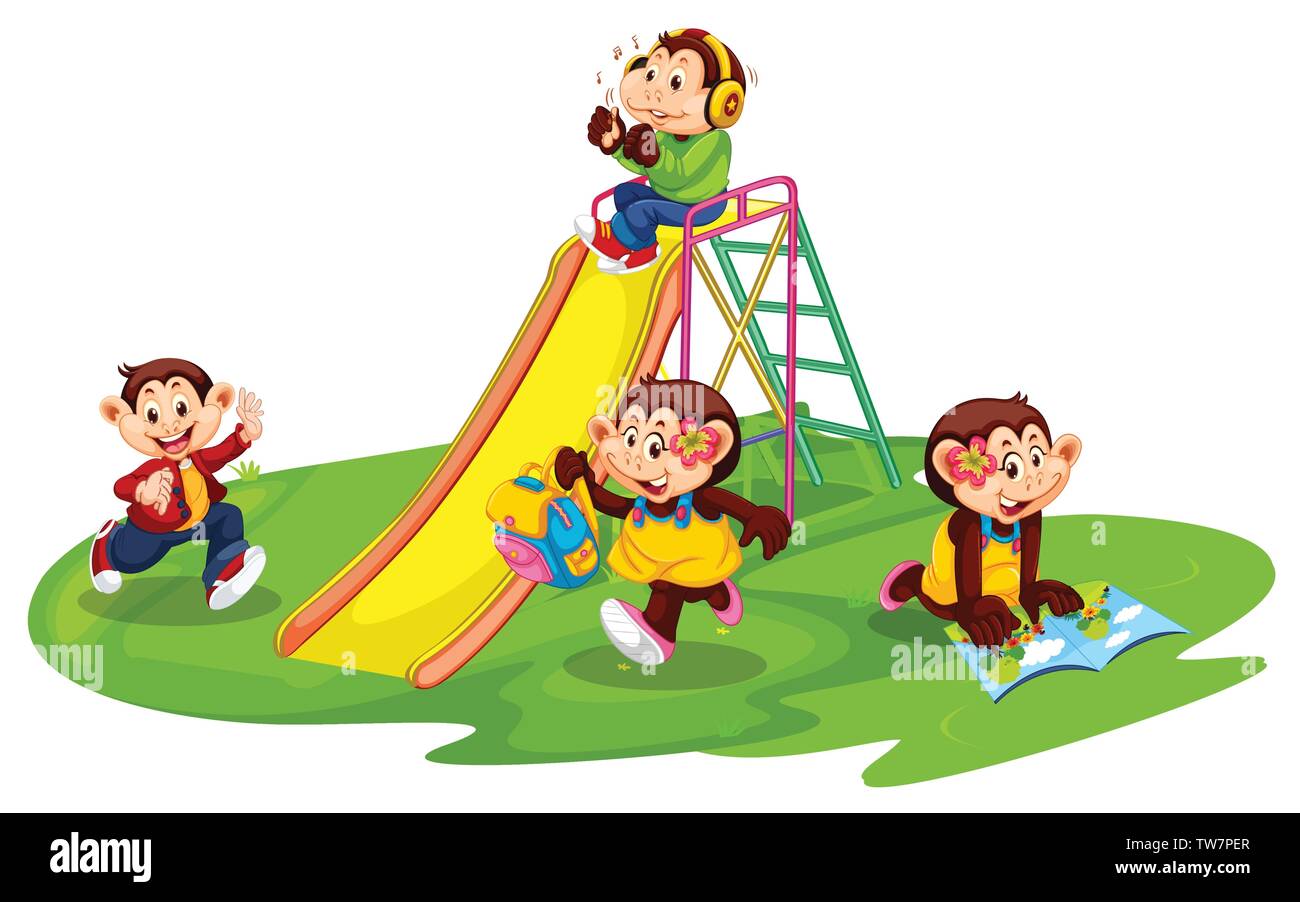Group of monkey student at playground illustration Stock Vector