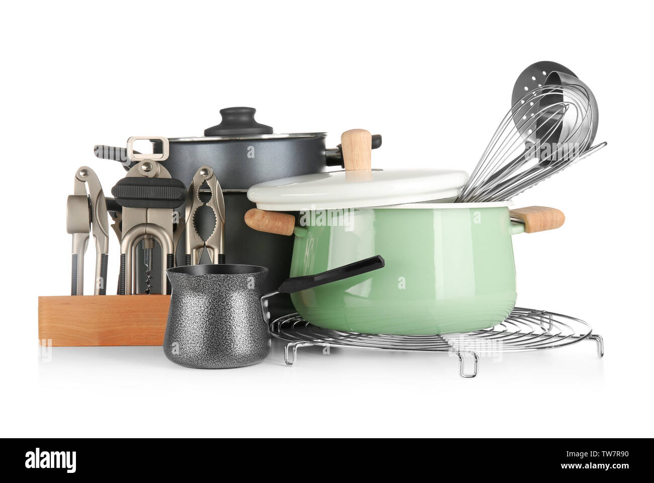 Different cooking utensils on white background Stock Photo Alamy