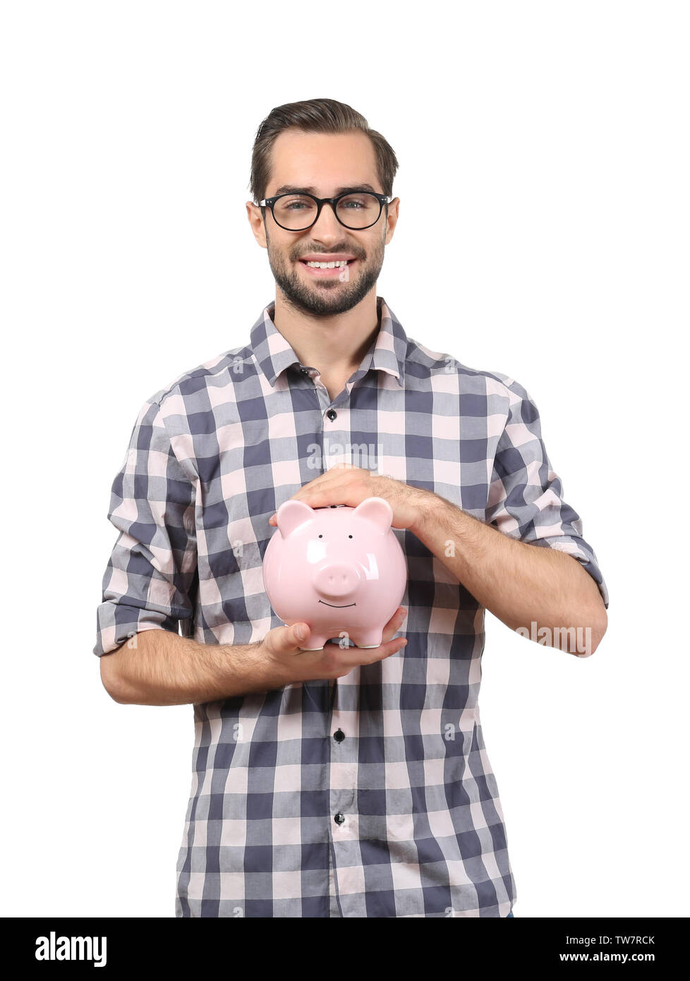 Happy man with piggy bank on white background Stock Photo - Alamy