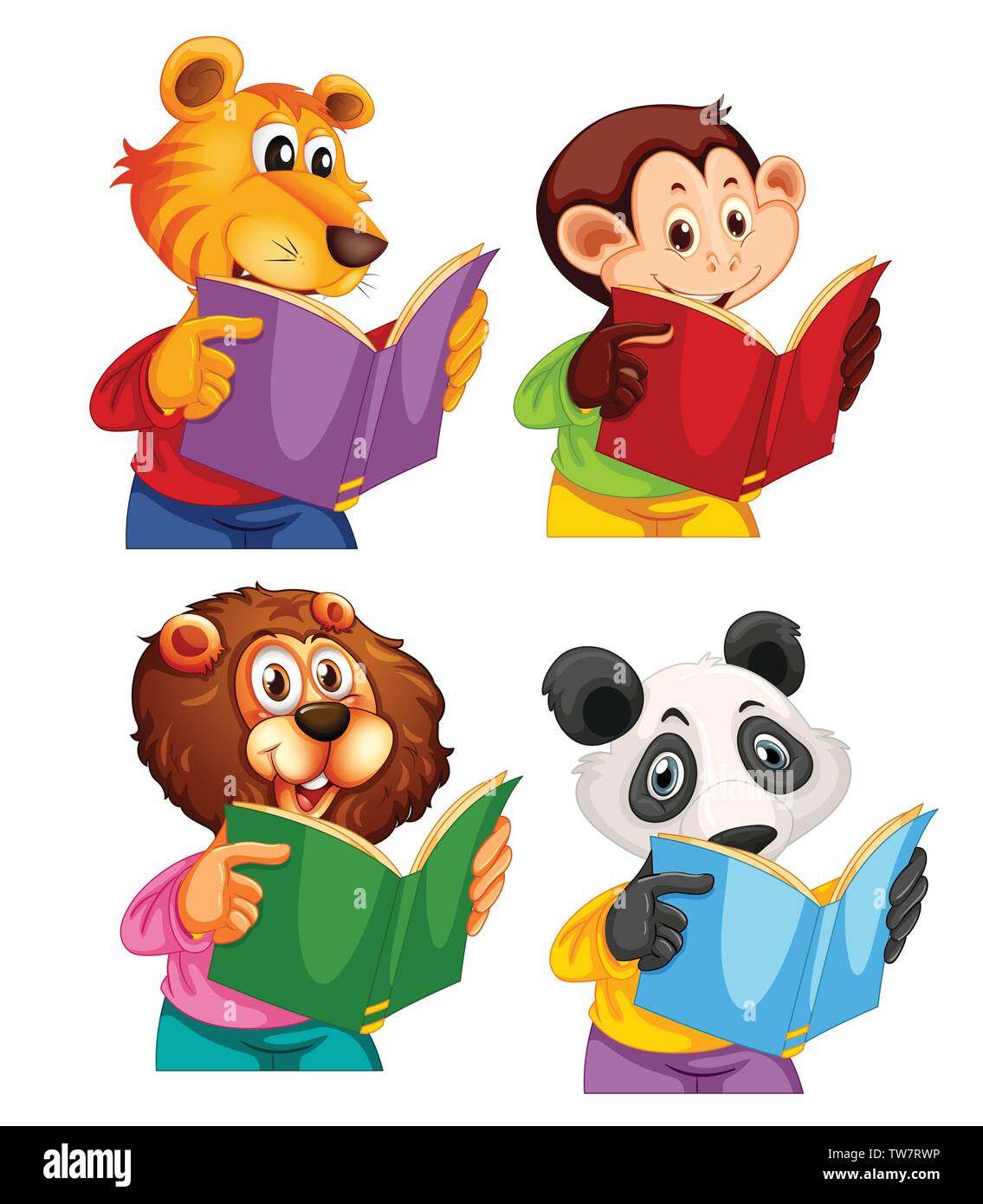 Set of animal reading book illustration Stock Vector