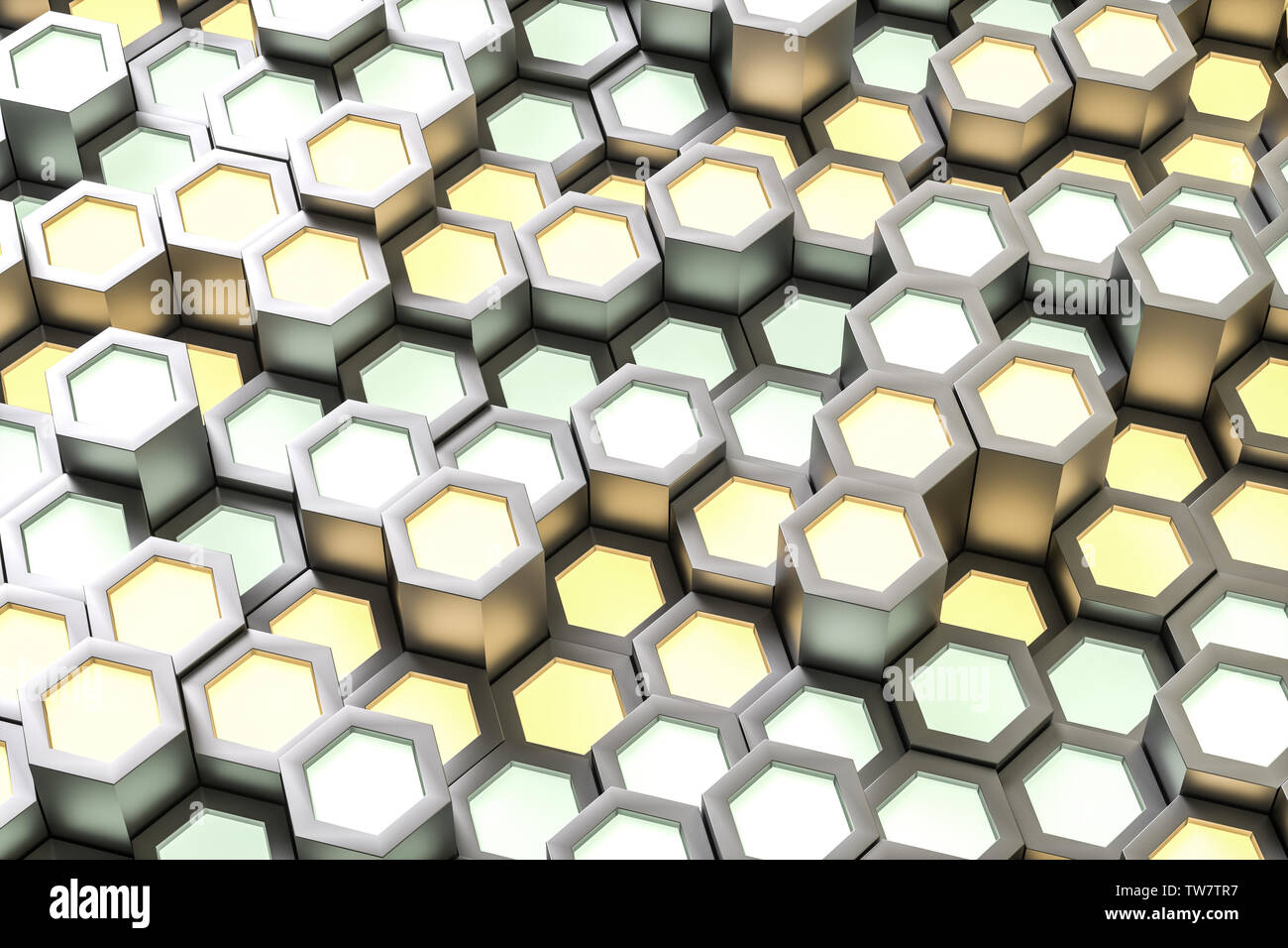 Golden hexagonal metallic background, three-dimensional rendering Stock Photo
