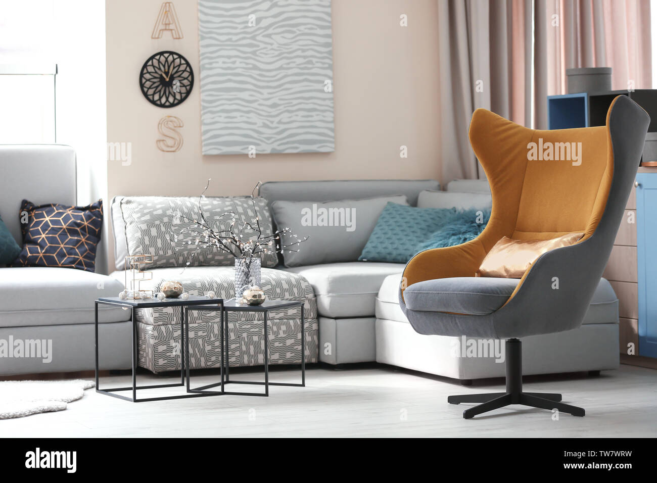 Design Of Modern Living Room With Comfortable Furniture Stock