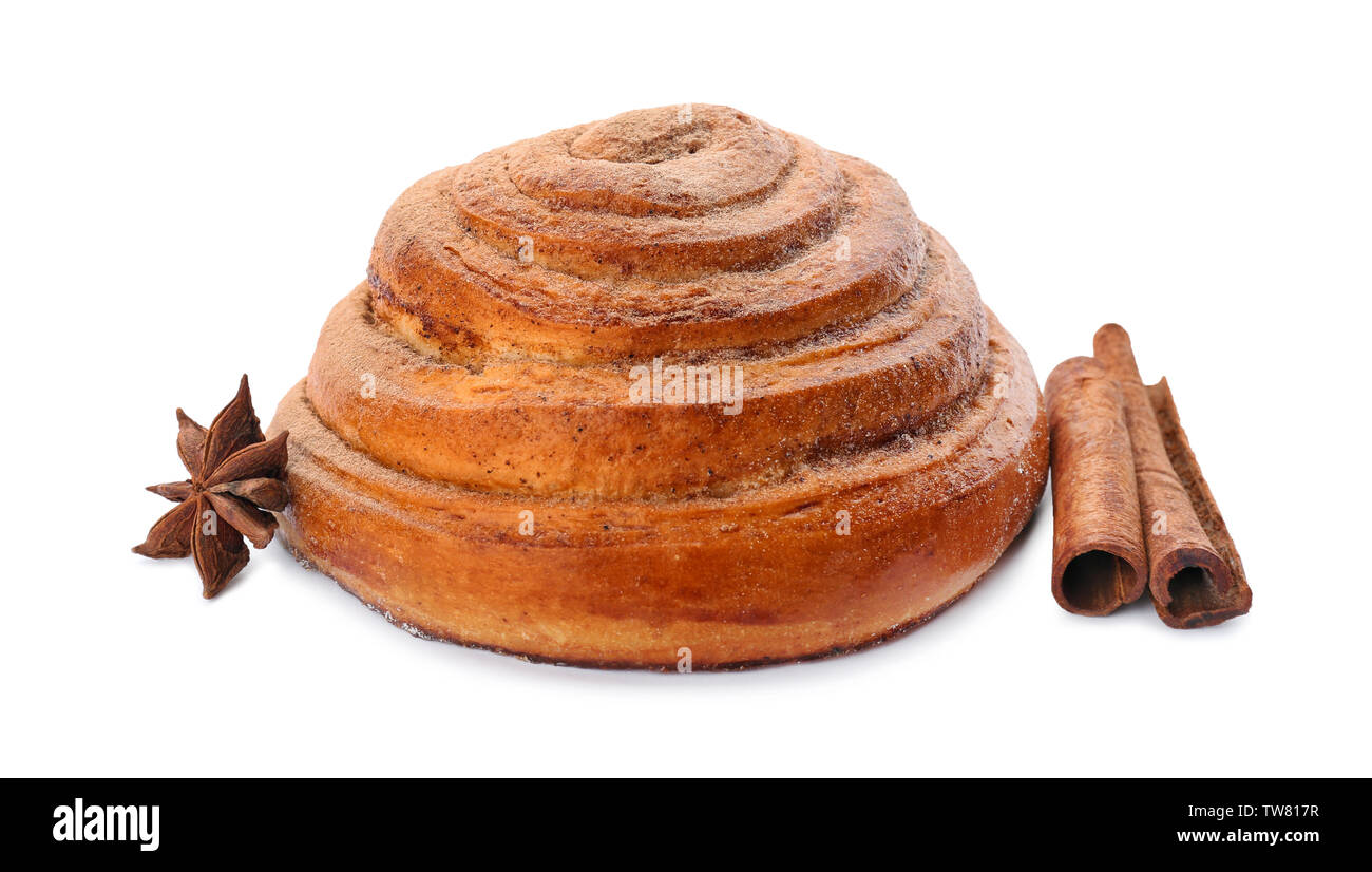 Sweet cinnamon roll on white background Stock Photo - Alamy