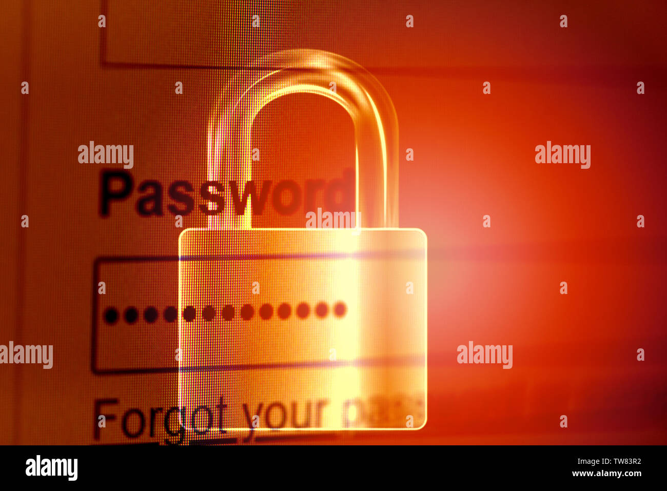 Password lock / password security cyber thief protection verification data system box on internet browser on computer screen and padlock background Stock Photo