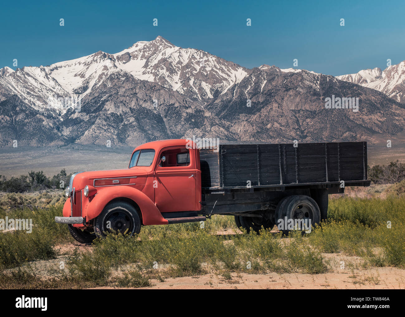 Red Truck at Manzanar. Japenese Internment Camp Eastern Sierra Neveda Mountains, California Stock Photo
